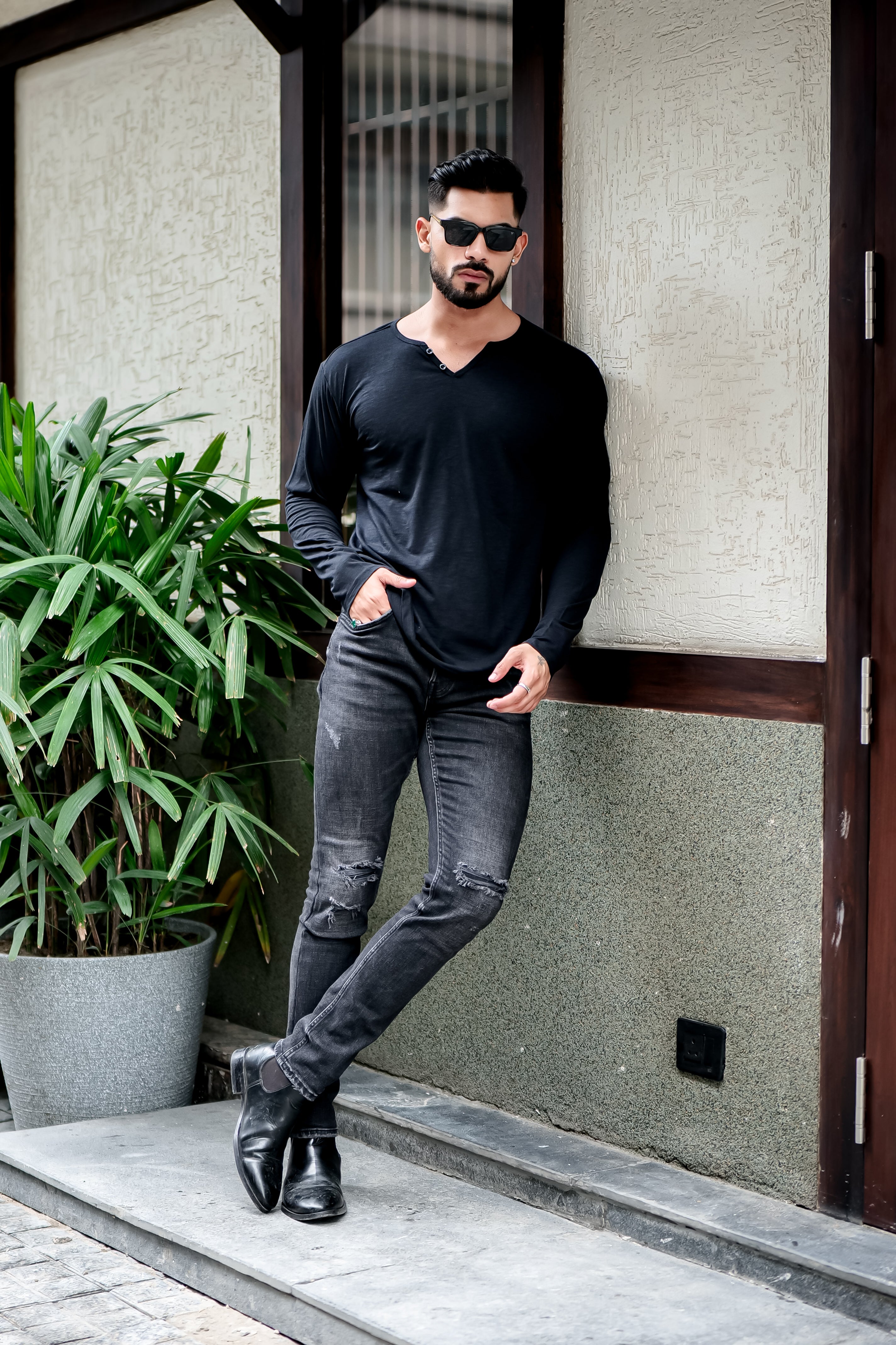 Black Self Design Open Henley T-Shirt