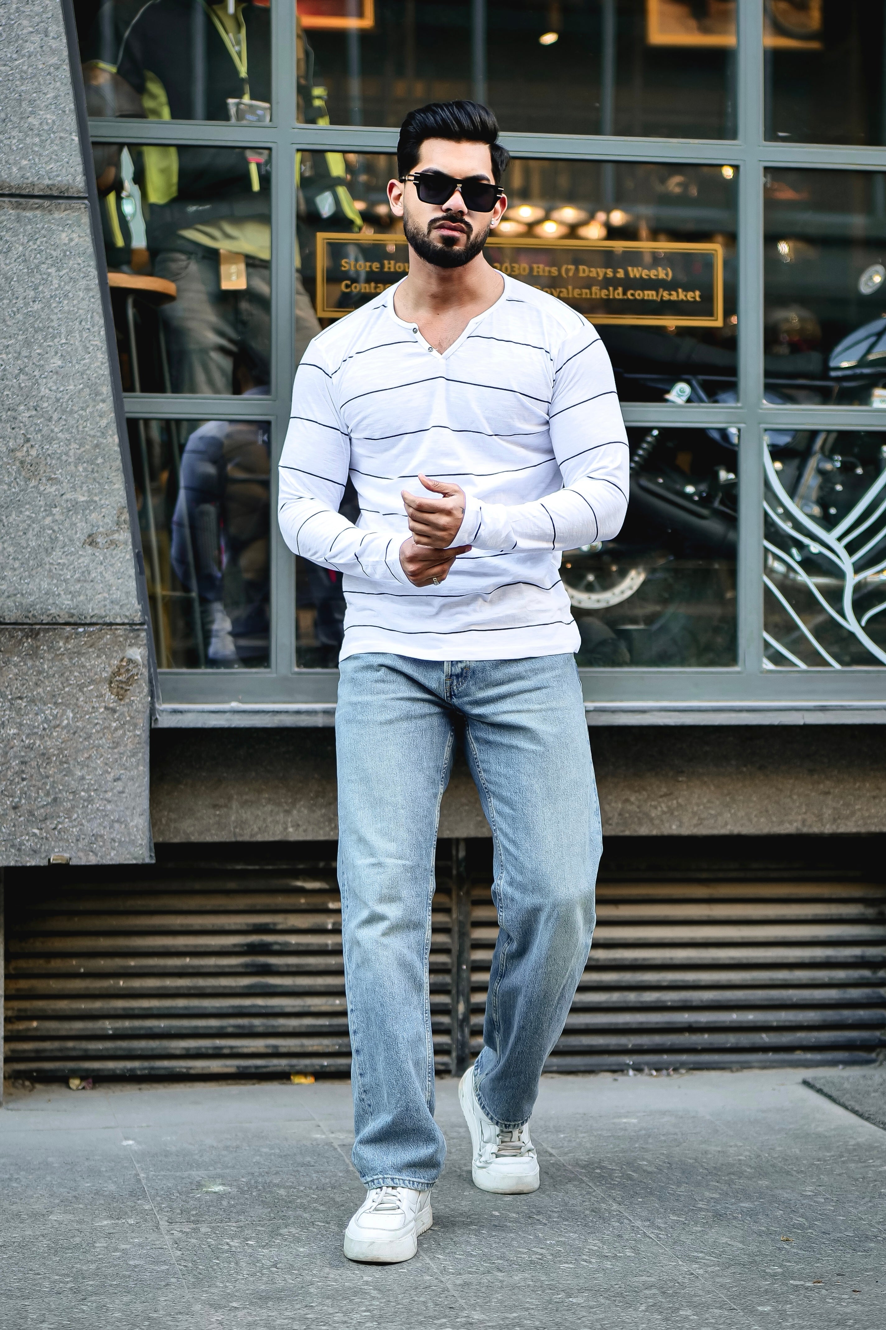 White Open Henley Striped T-Shirt