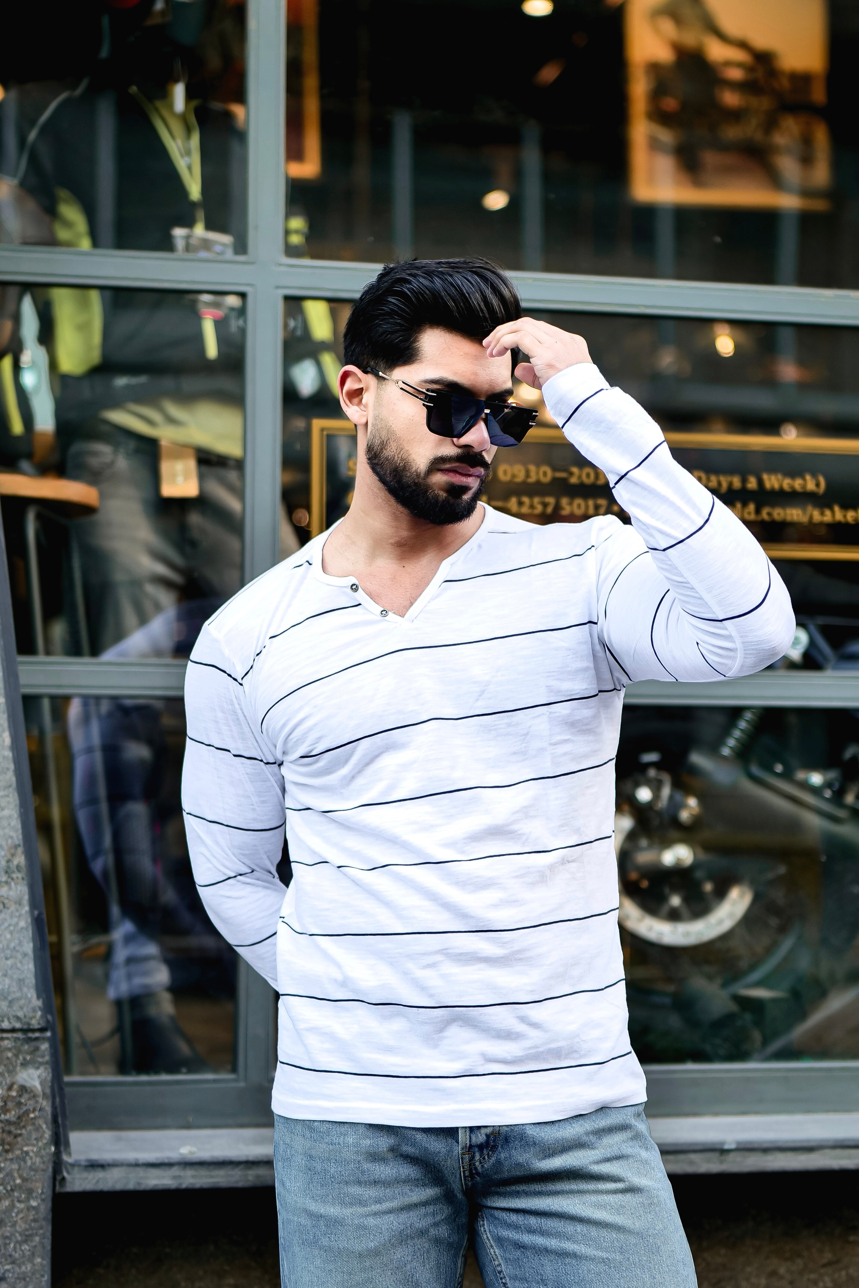 White Open Henley Striped T-Shirt