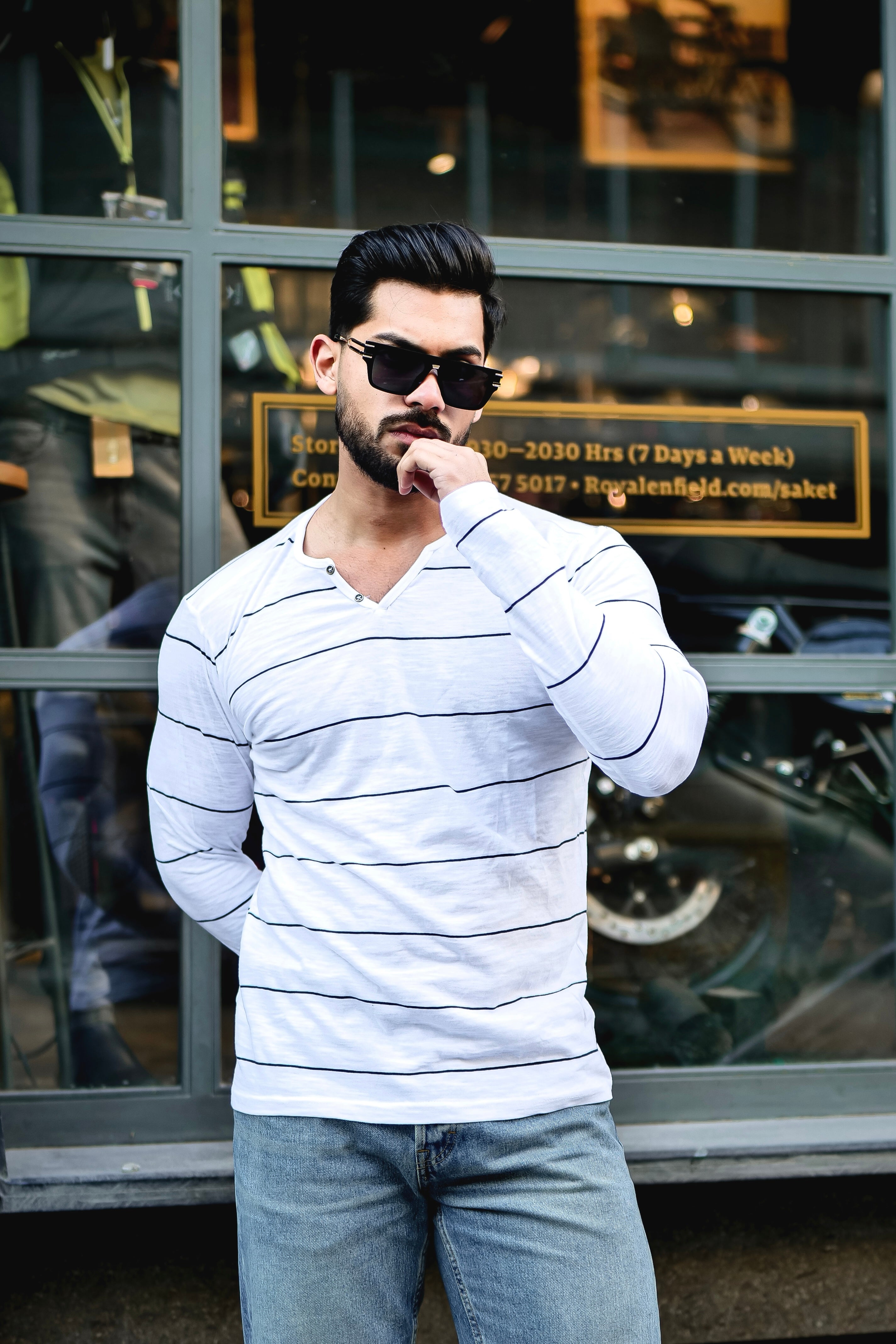 White Open Henley Striped T-Shirt