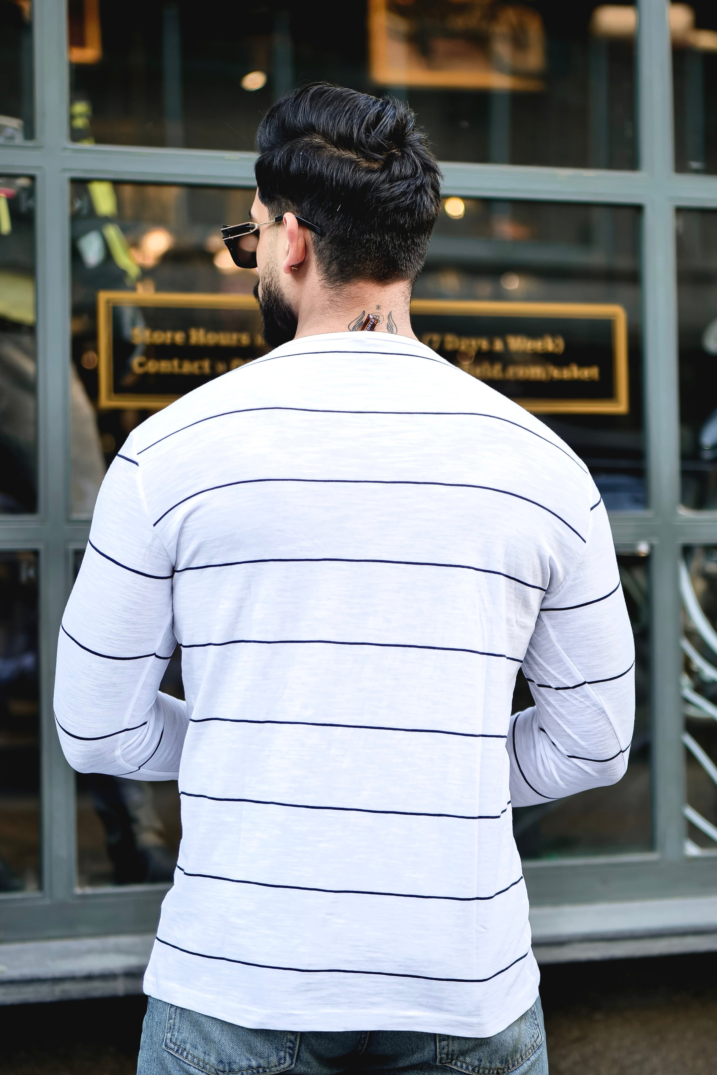 White Open Henley Striped T-Shirt