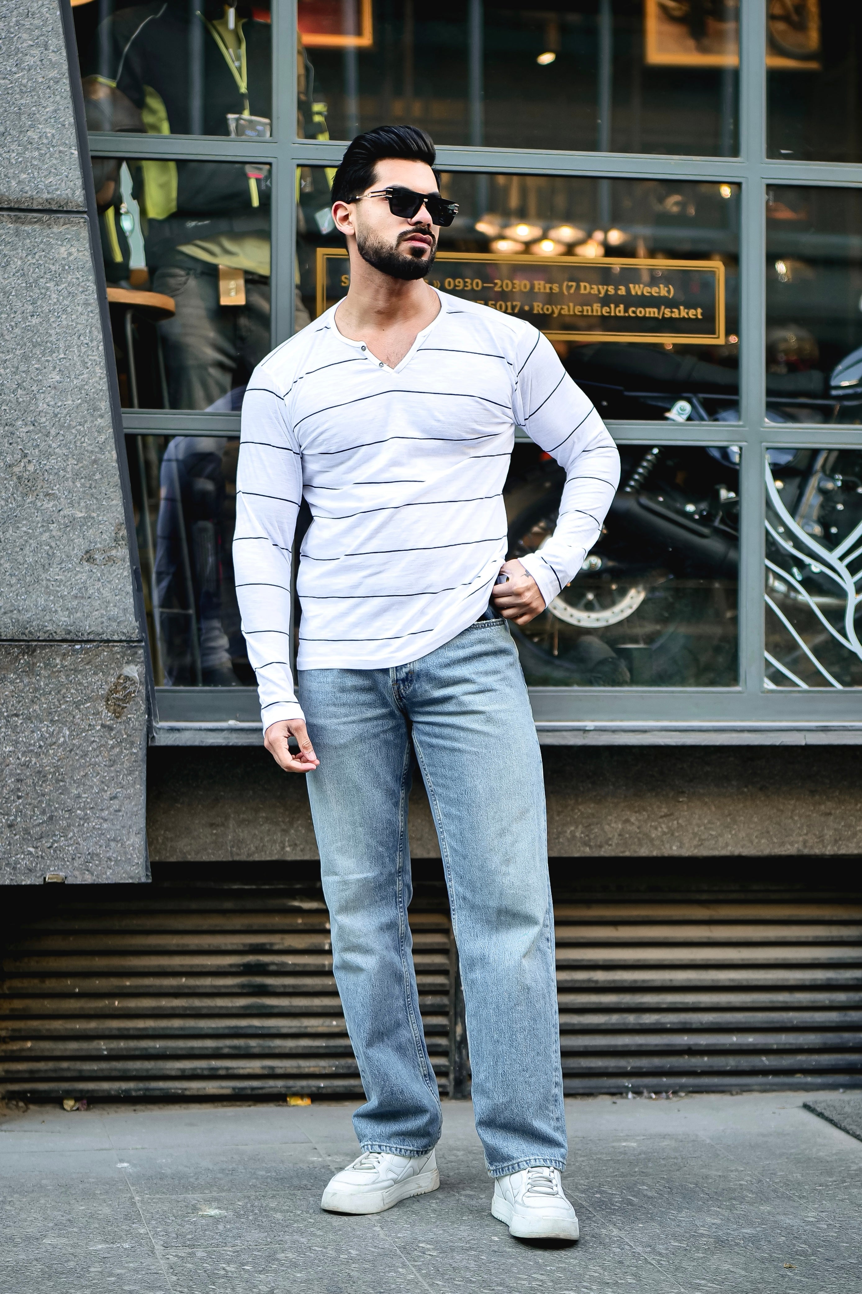 White Open Henley Striped T-Shirt