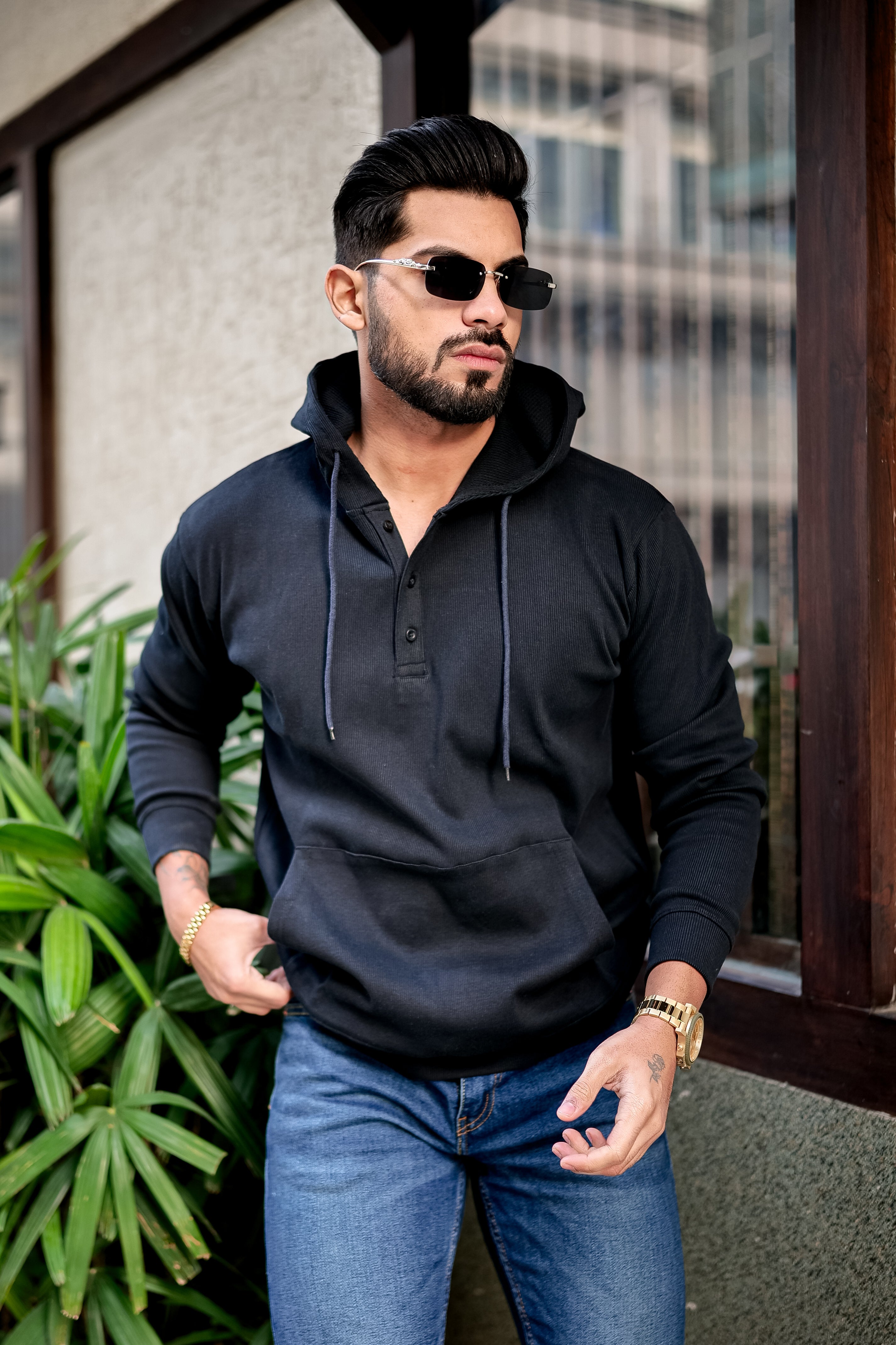 Black Placket Hooded Sweatshirt