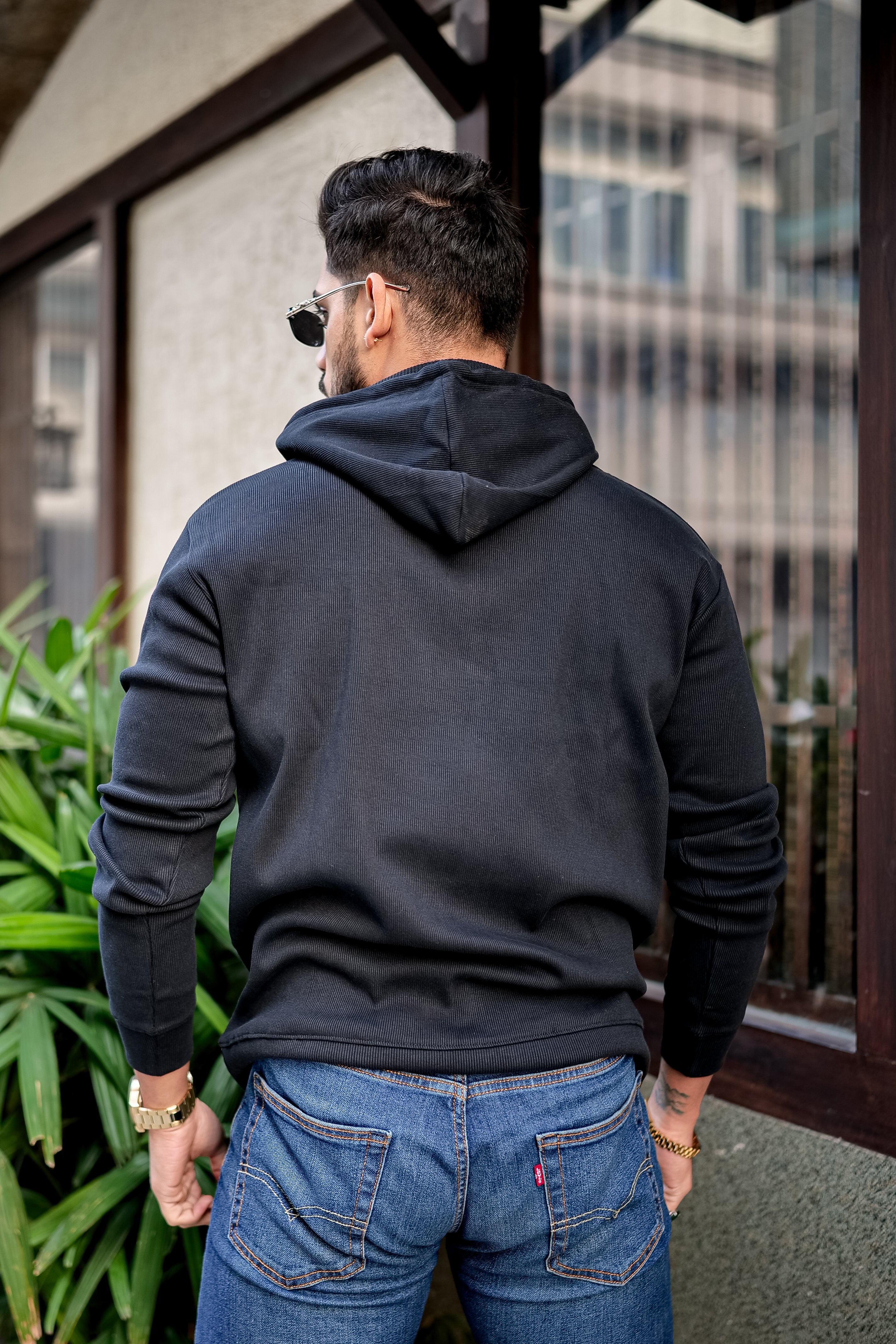 Black Placket Hooded Sweatshirt