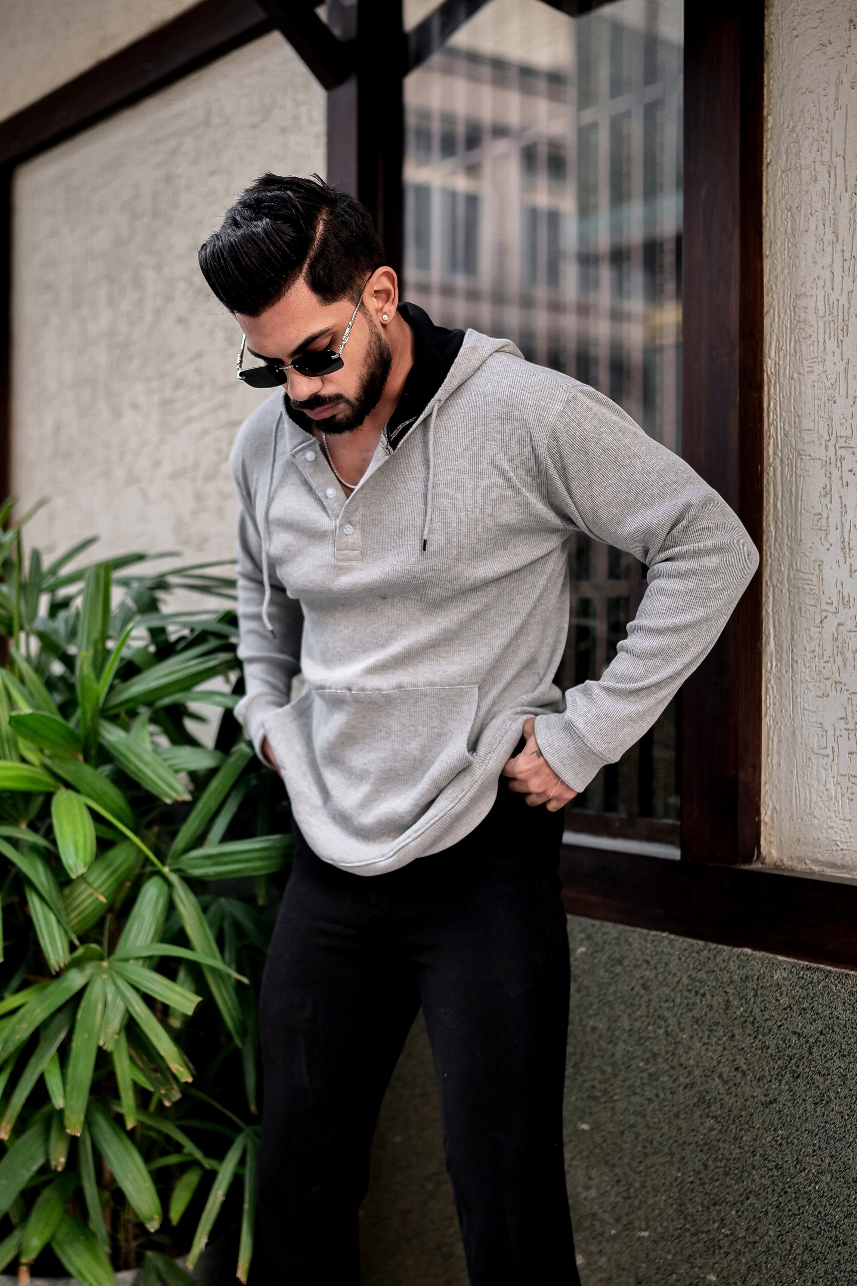 Grey Black Placket Hooded Sweatshirt