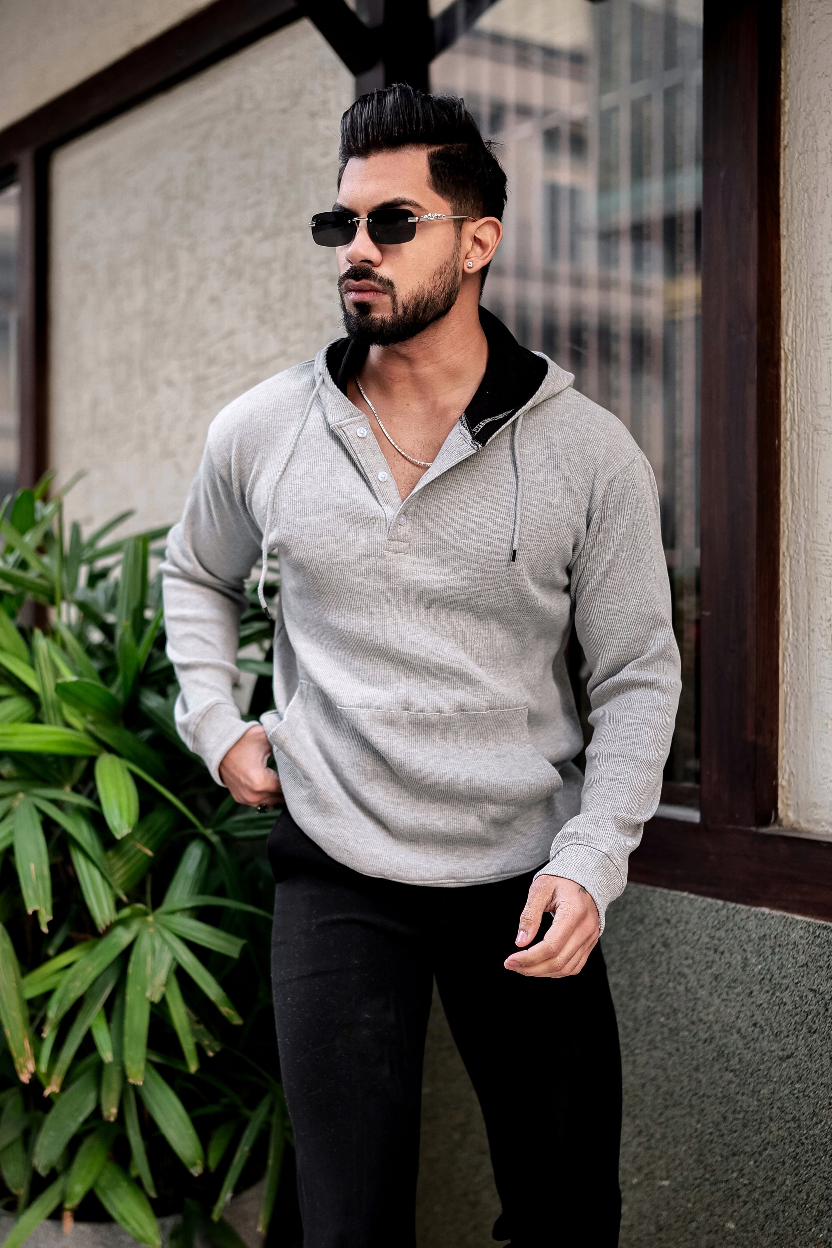 Grey Black Placket Hooded Sweatshirt