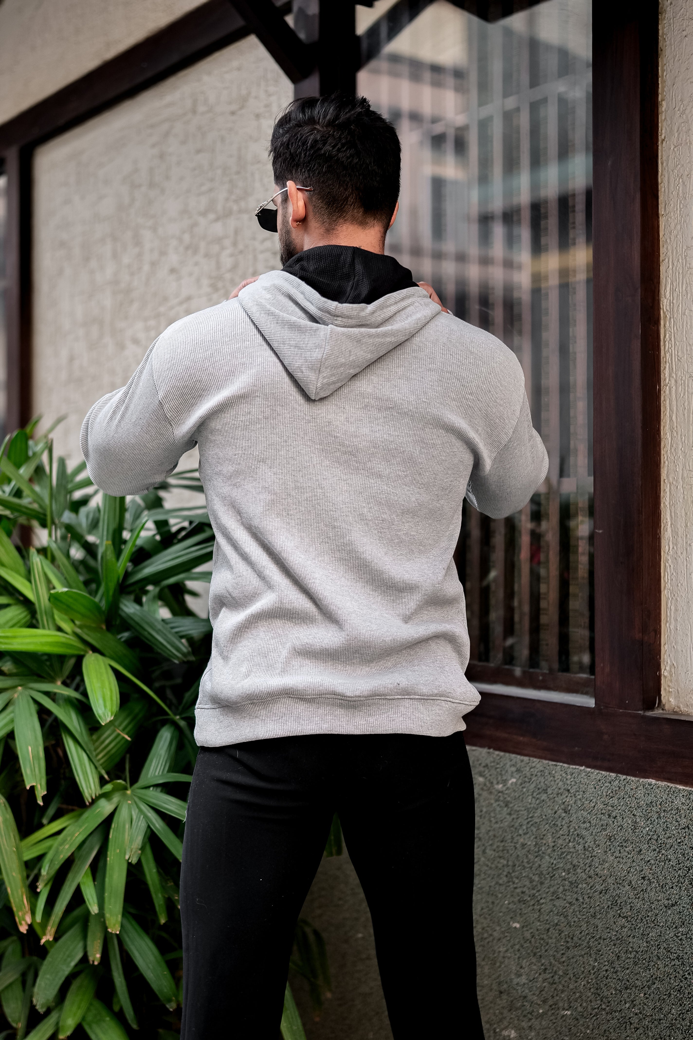 Grey Black Placket Hooded Sweatshirt