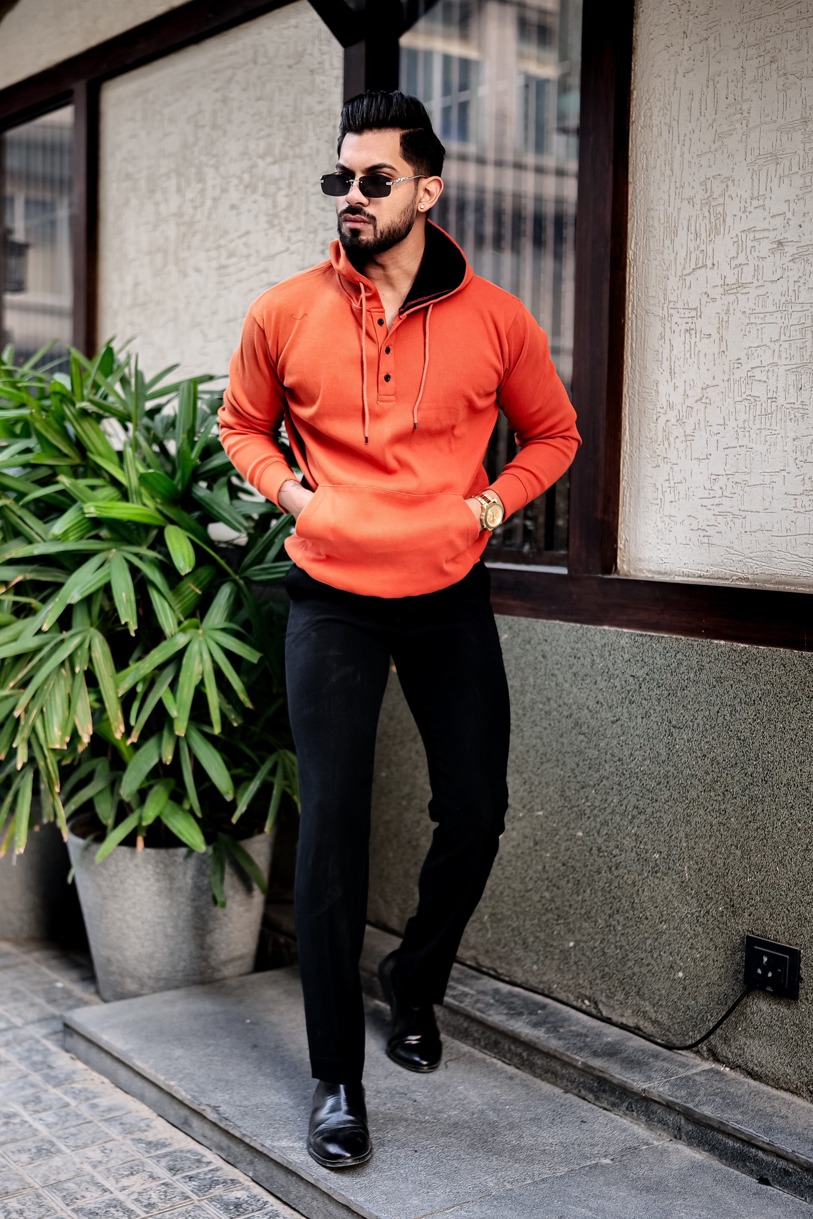 Orange Placket Hooded Sweatshirt