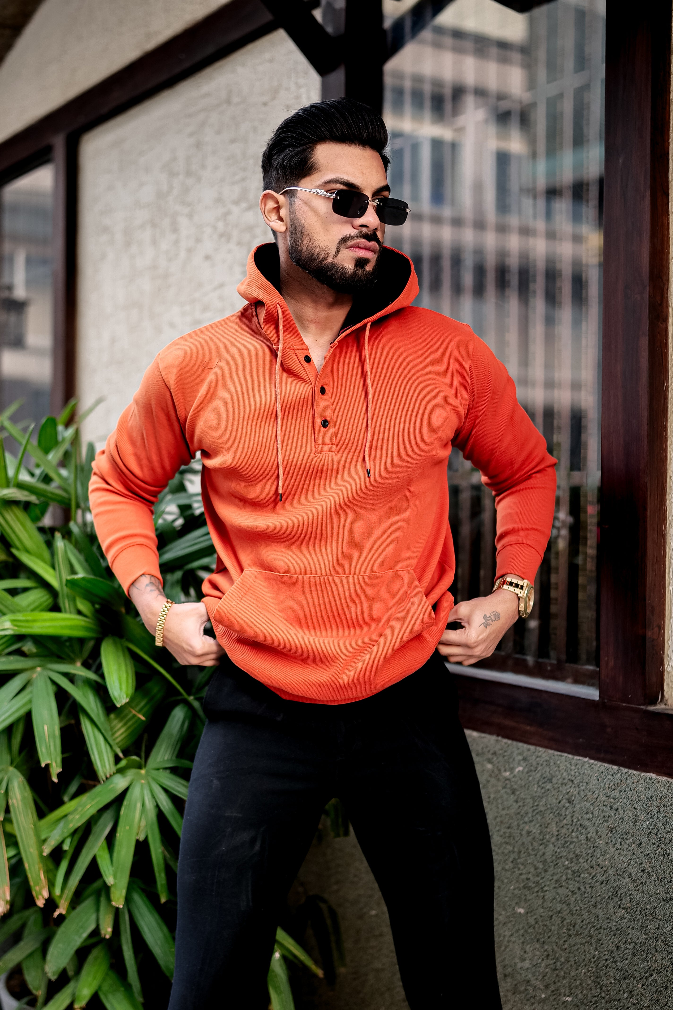 Orange Placket Hooded Sweatshirt