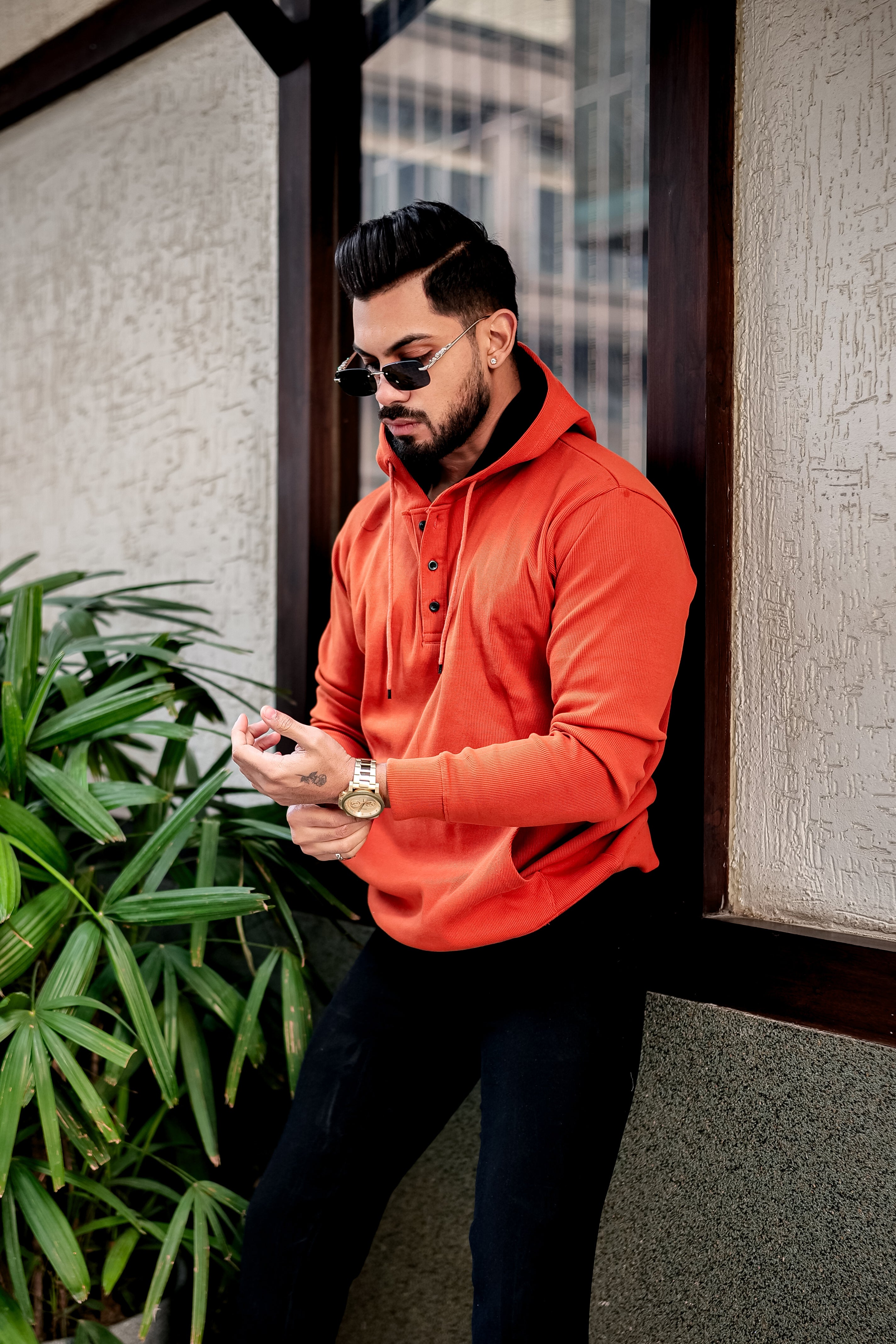 Orange Placket Hooded Sweatshirt