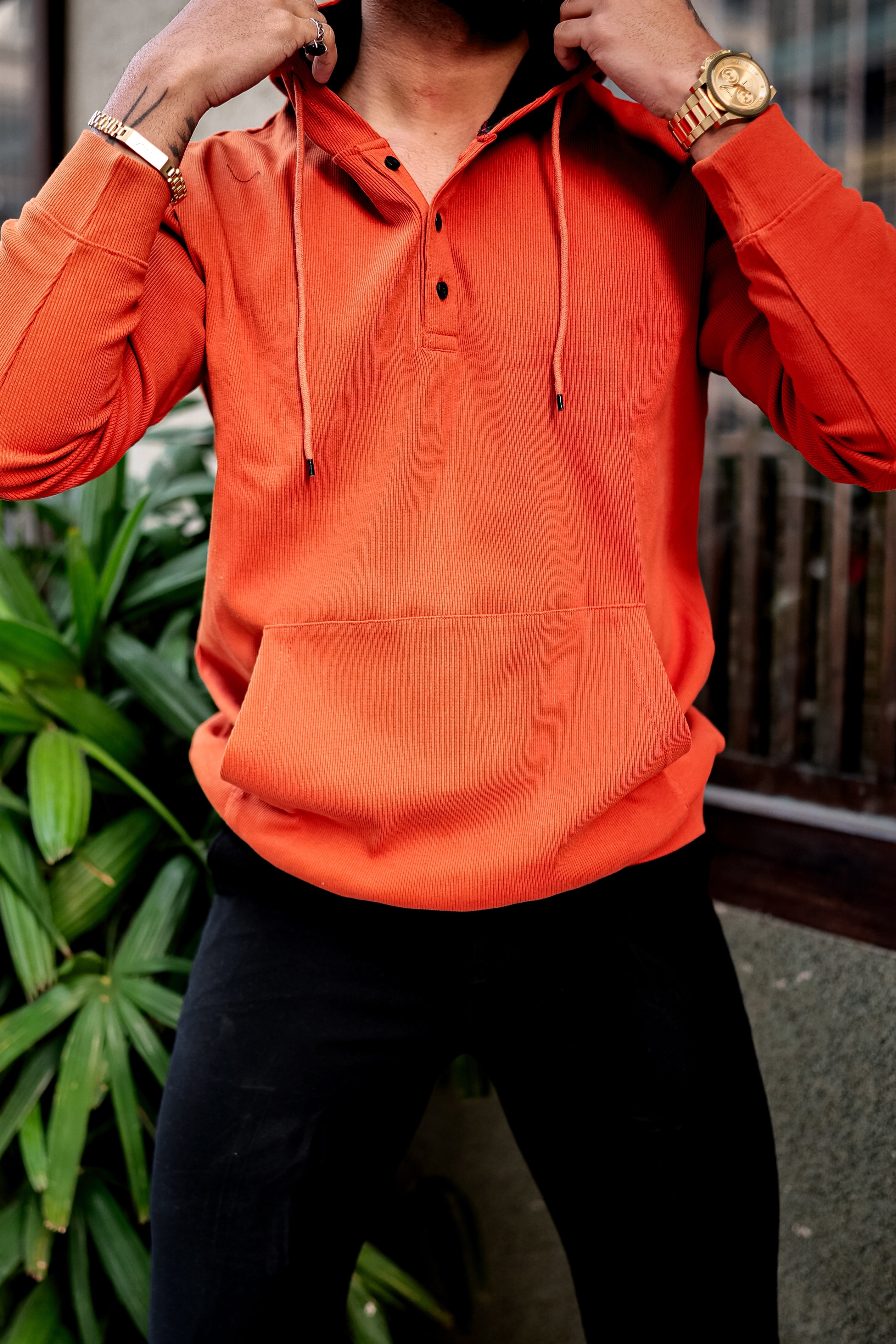 Orange Placket Hooded Sweatshirt