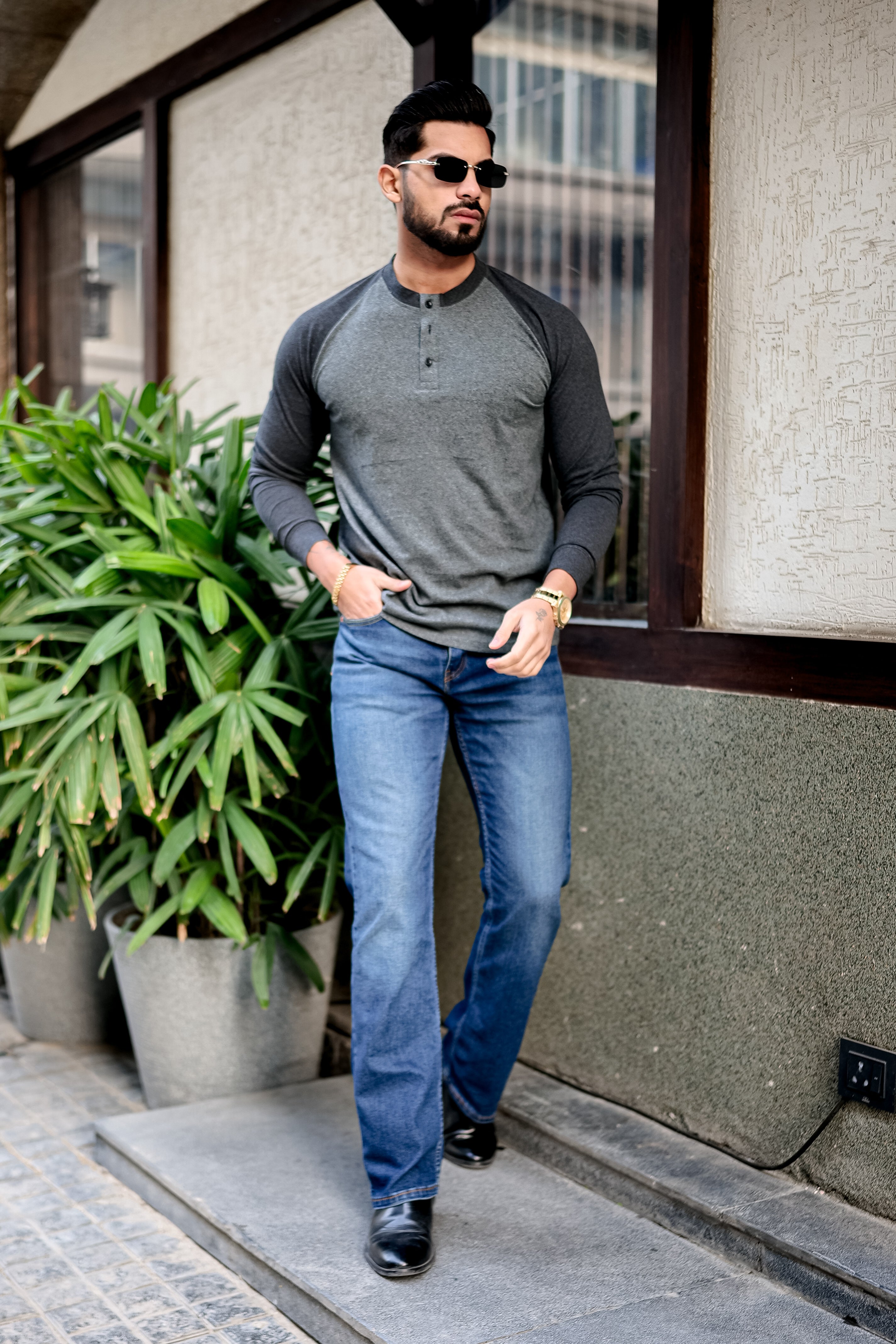 Grey Black Ranglan Henley T-Shirt