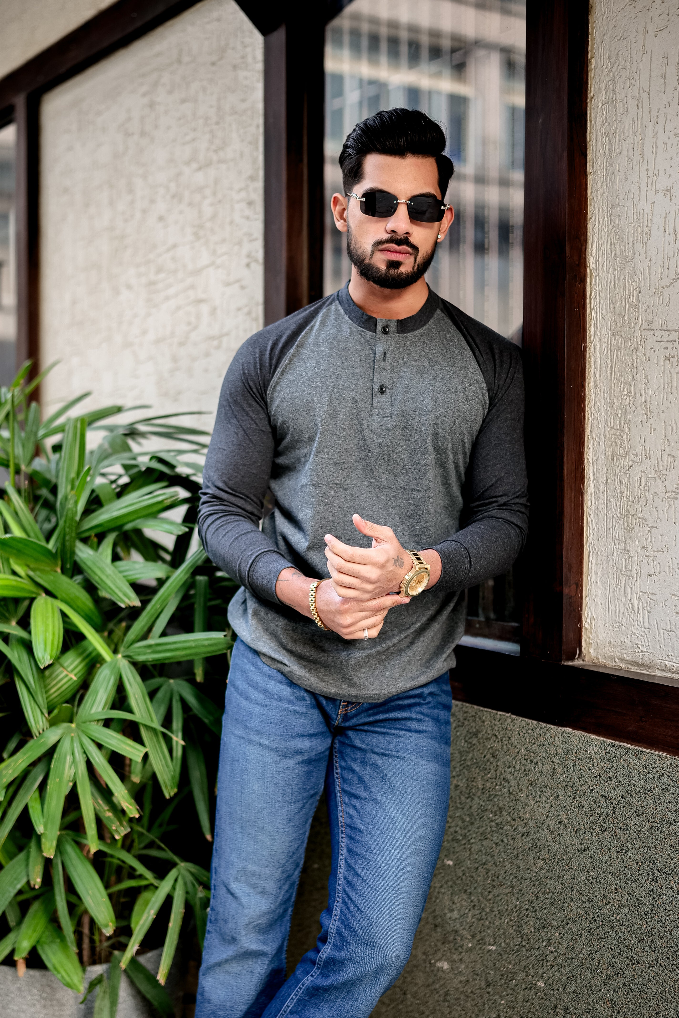 Grey Black Ranglan Henley T-Shirt