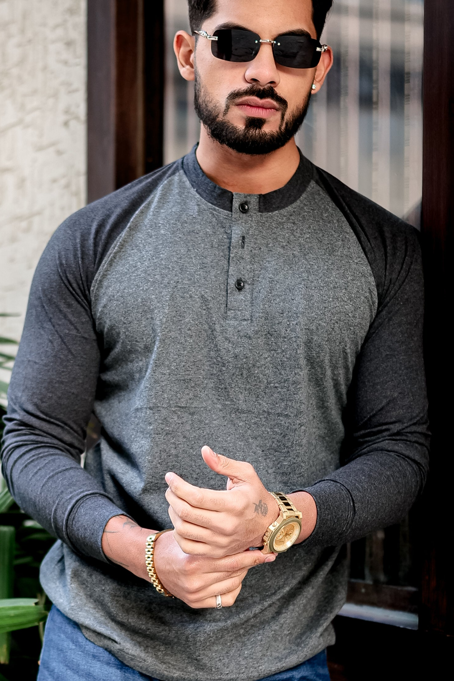 Grey Black Ranglan Henley T-Shirt