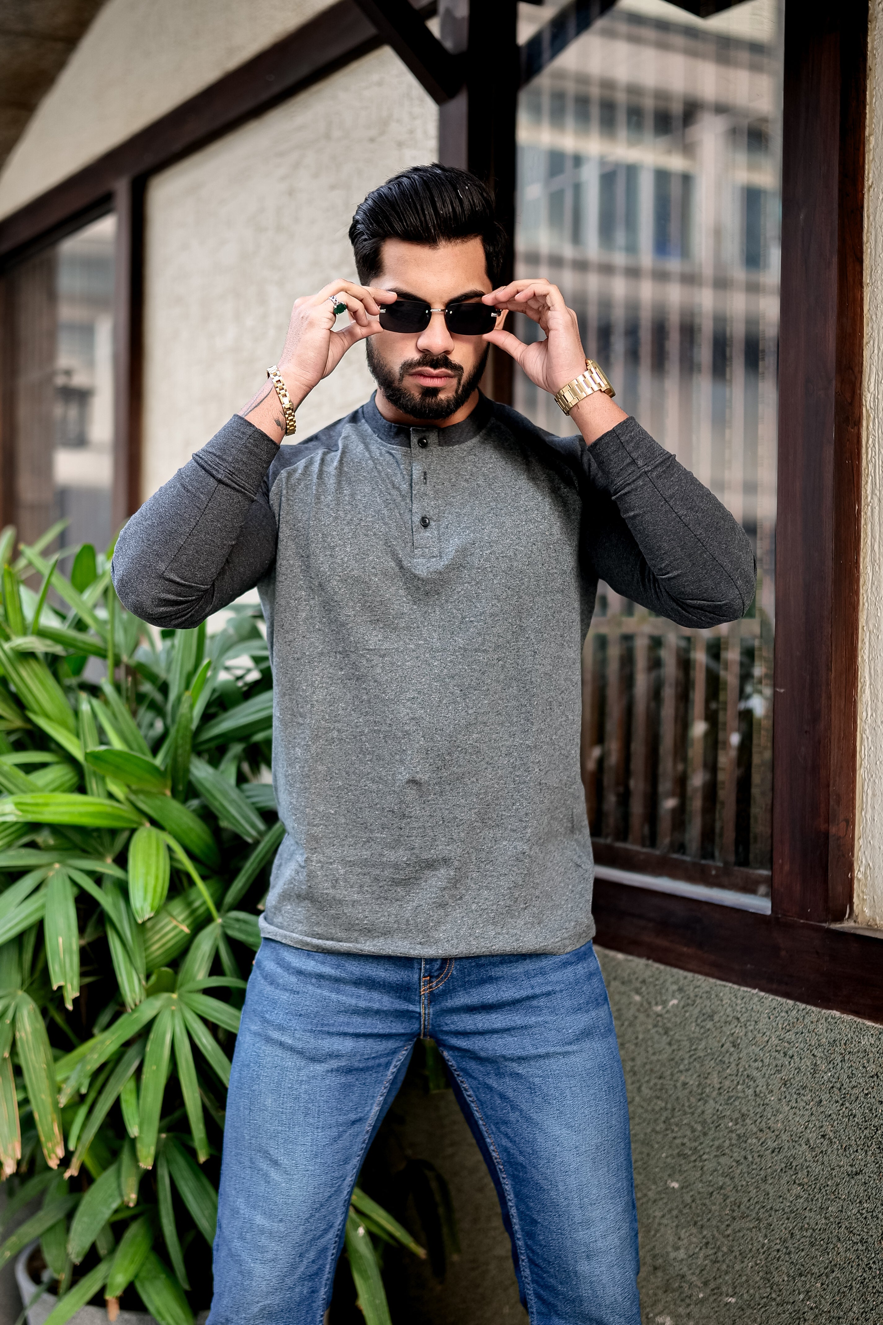 Grey Black Ranglan Henley T-Shirt