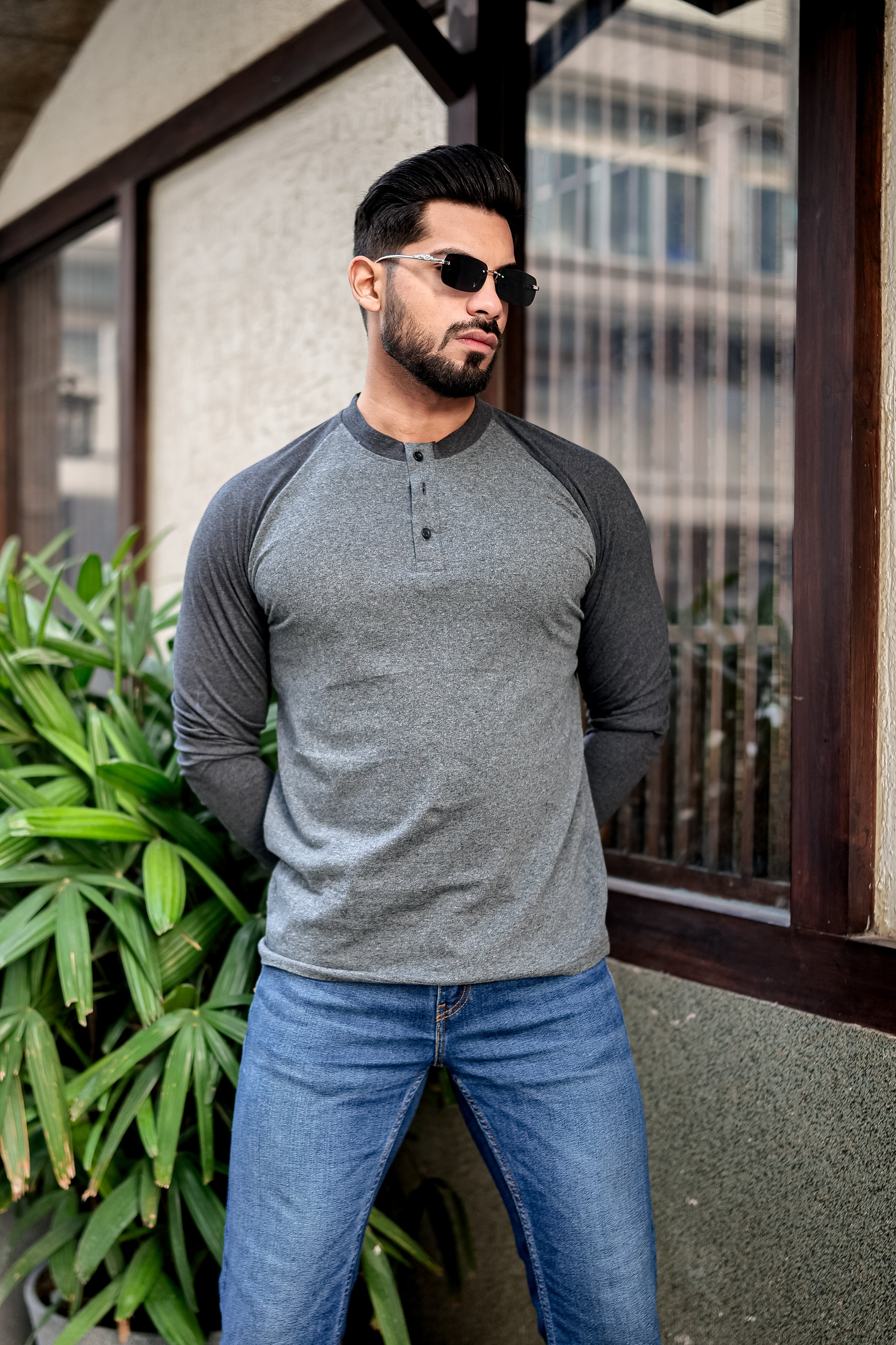 Grey Black Ranglan Henley T-Shirt