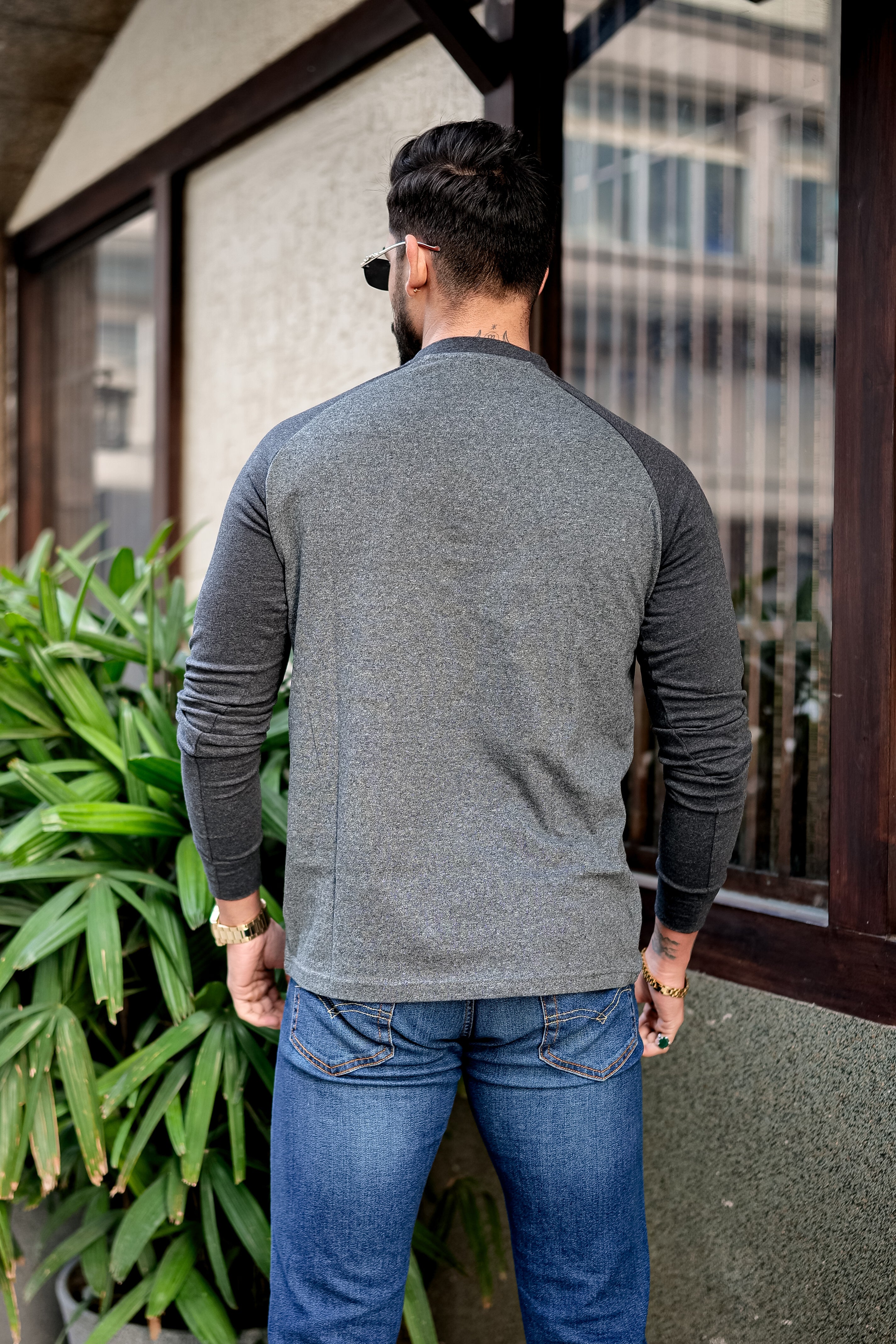 Grey Black Ranglan Henley T-Shirt