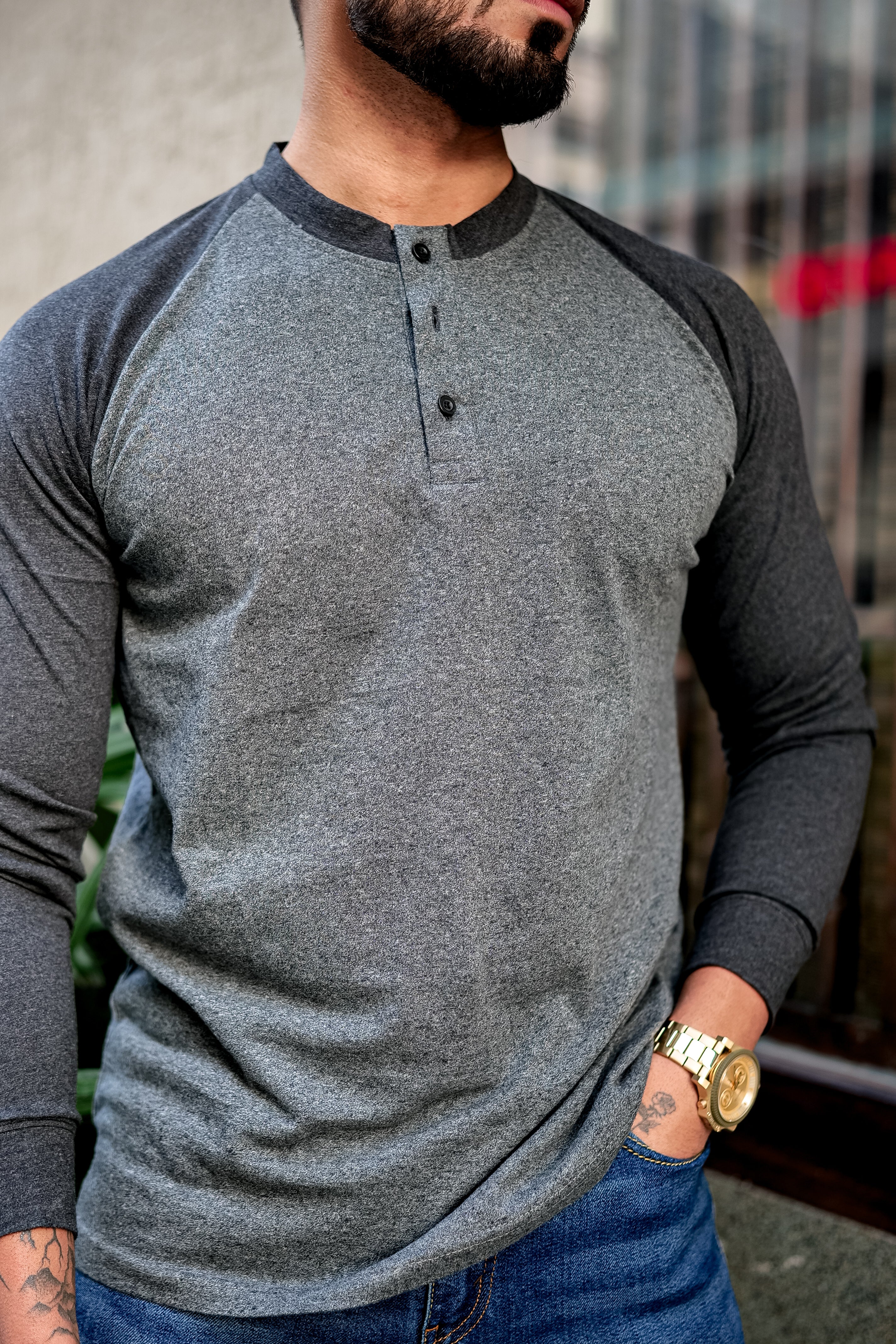 Grey Black Ranglan Henley T-Shirt