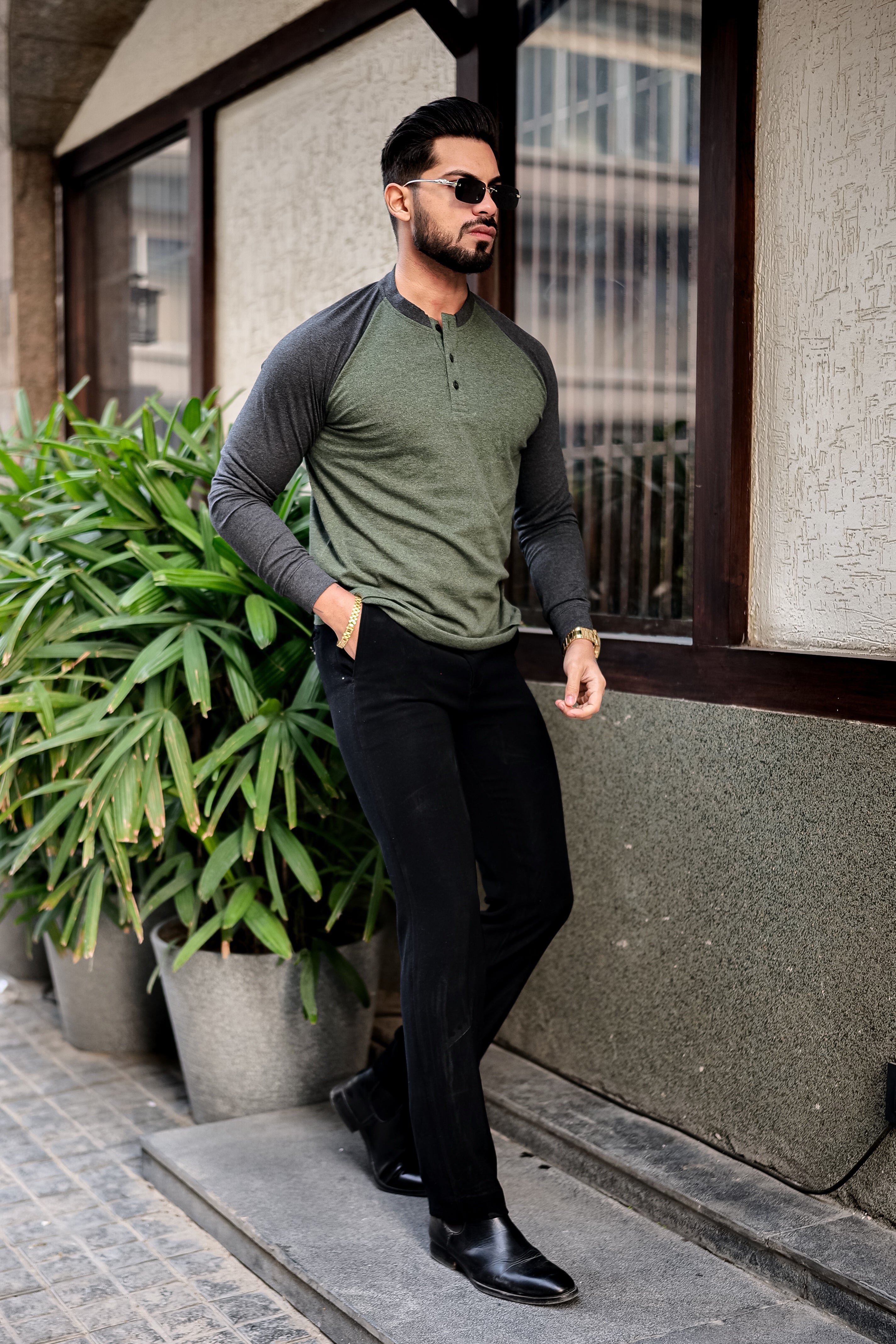 Olive Grey Ranglan Henley T-Shirt