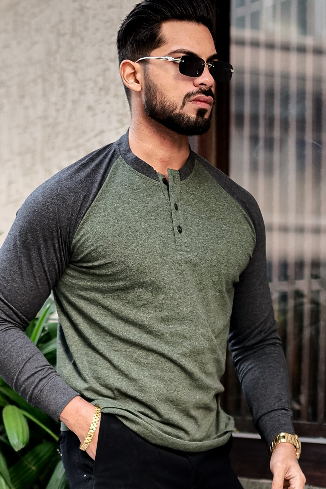 Olive Grey Ranglan Henley T-Shirt