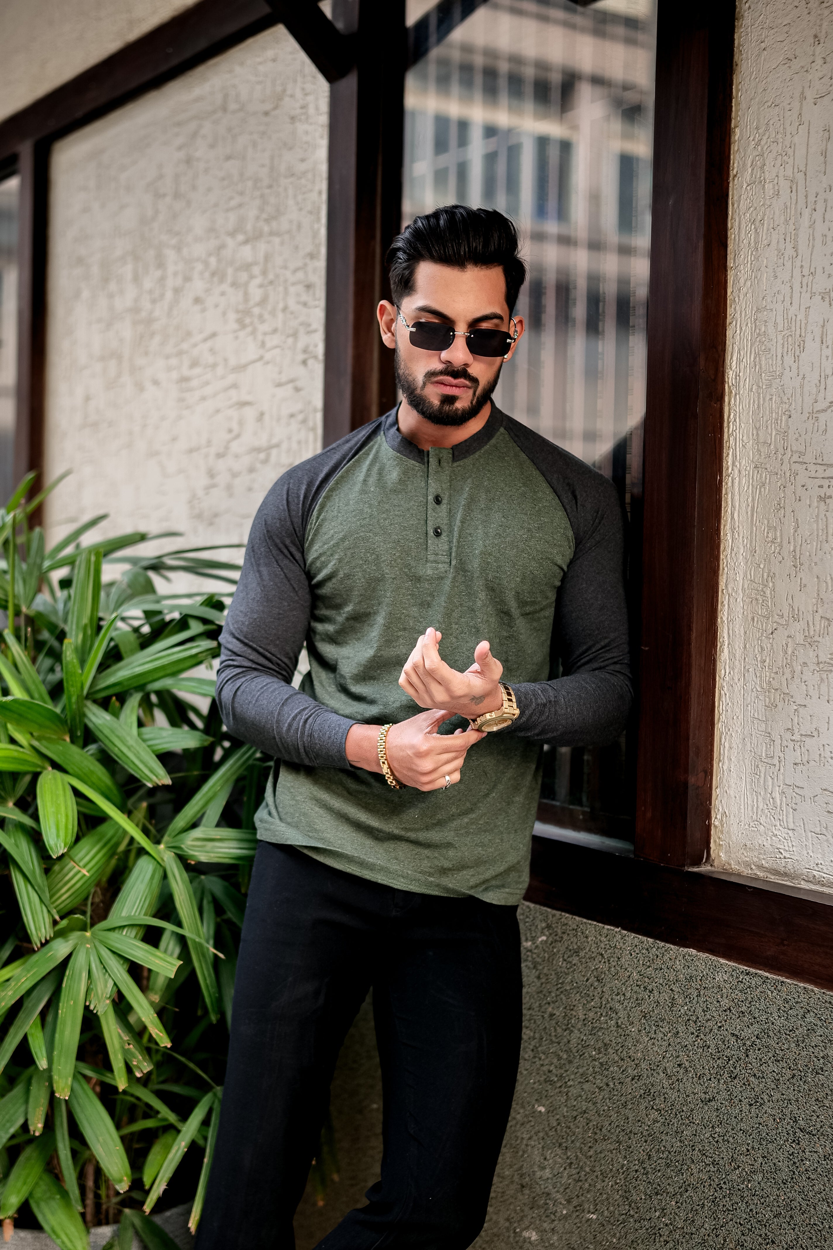 Olive Grey Ranglan Henley T-Shirt