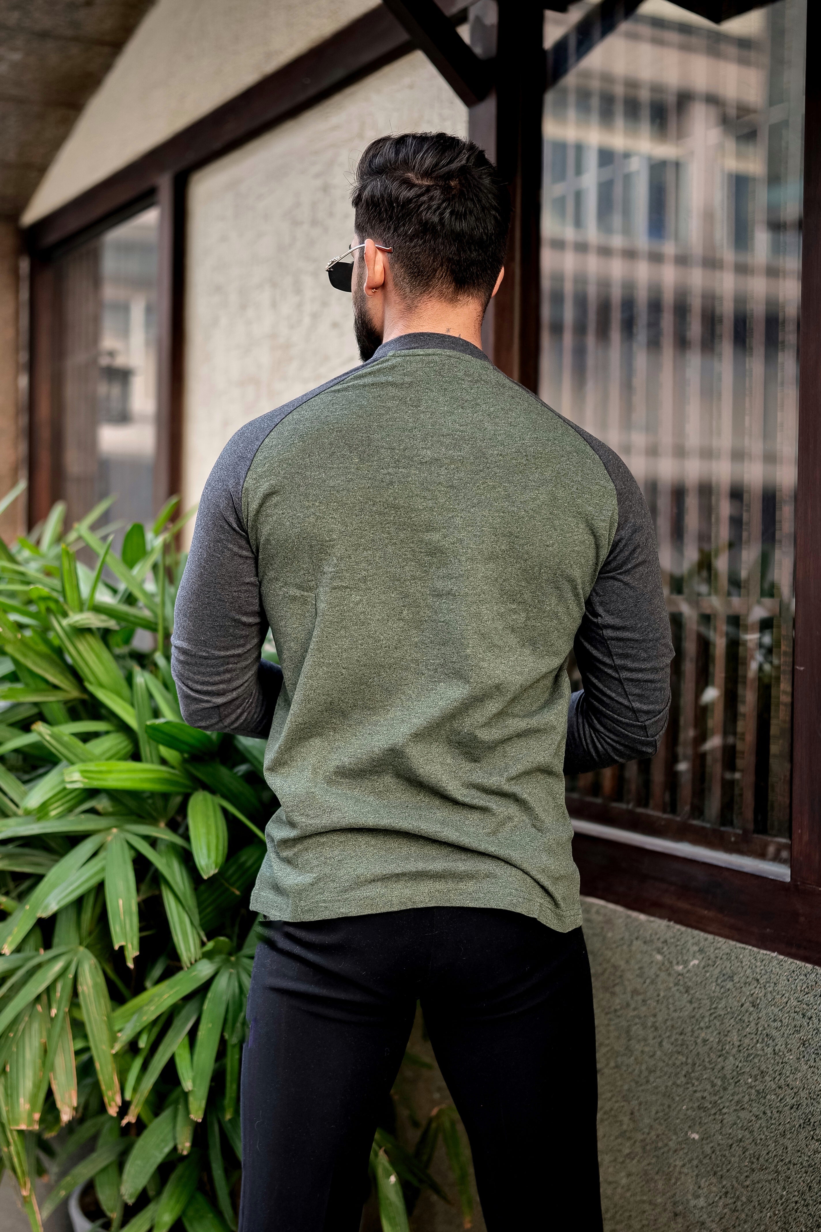 Olive Grey Ranglan Henley T-Shirt