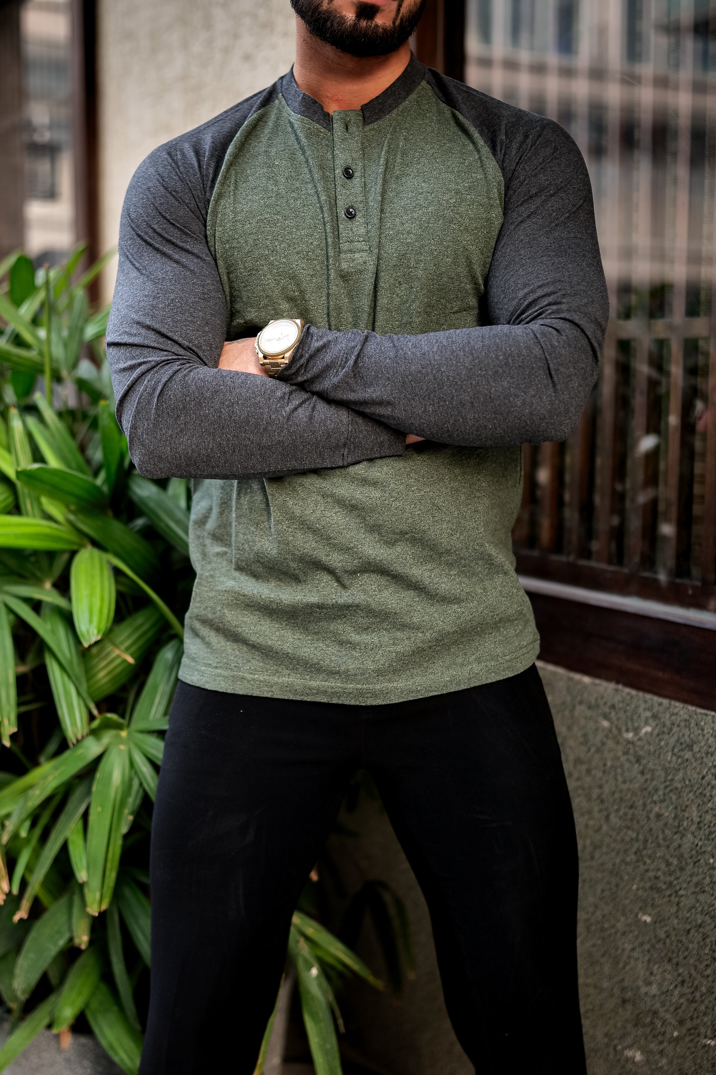 Olive Grey Ranglan Henley T-Shirt