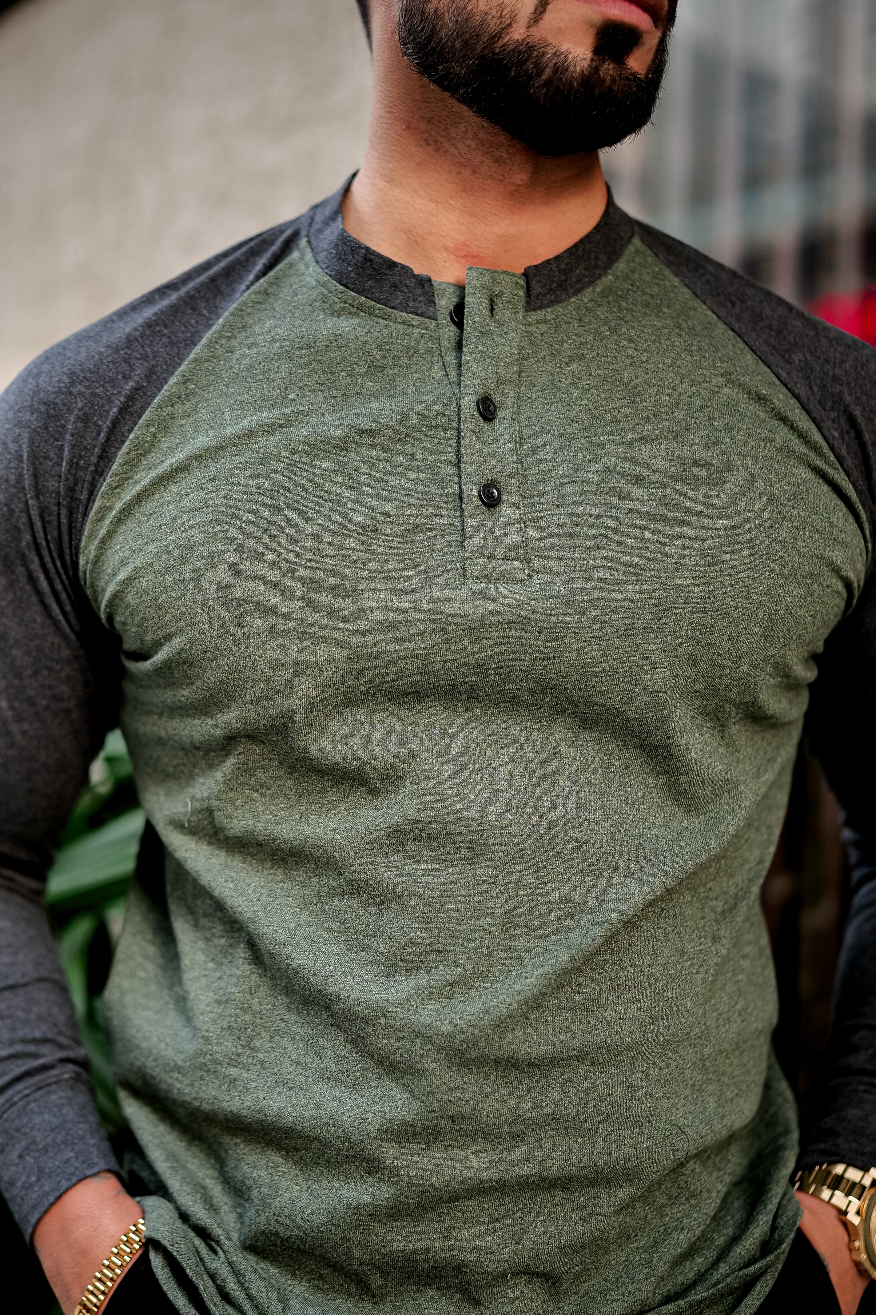 Olive Grey Ranglan Henley T-Shirt