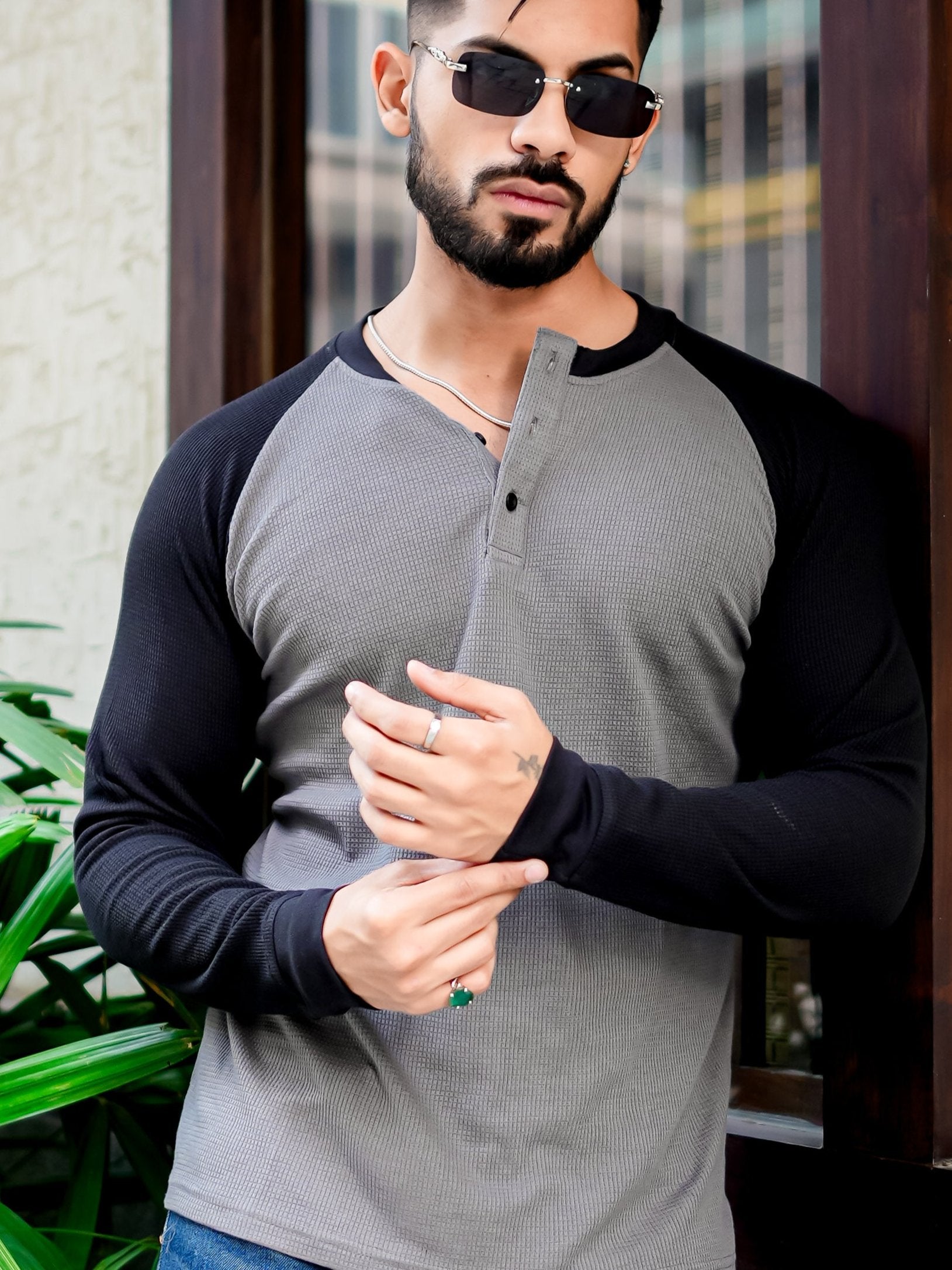 Grey Black Waffle Ranglan Full Sleeve T-Shirt