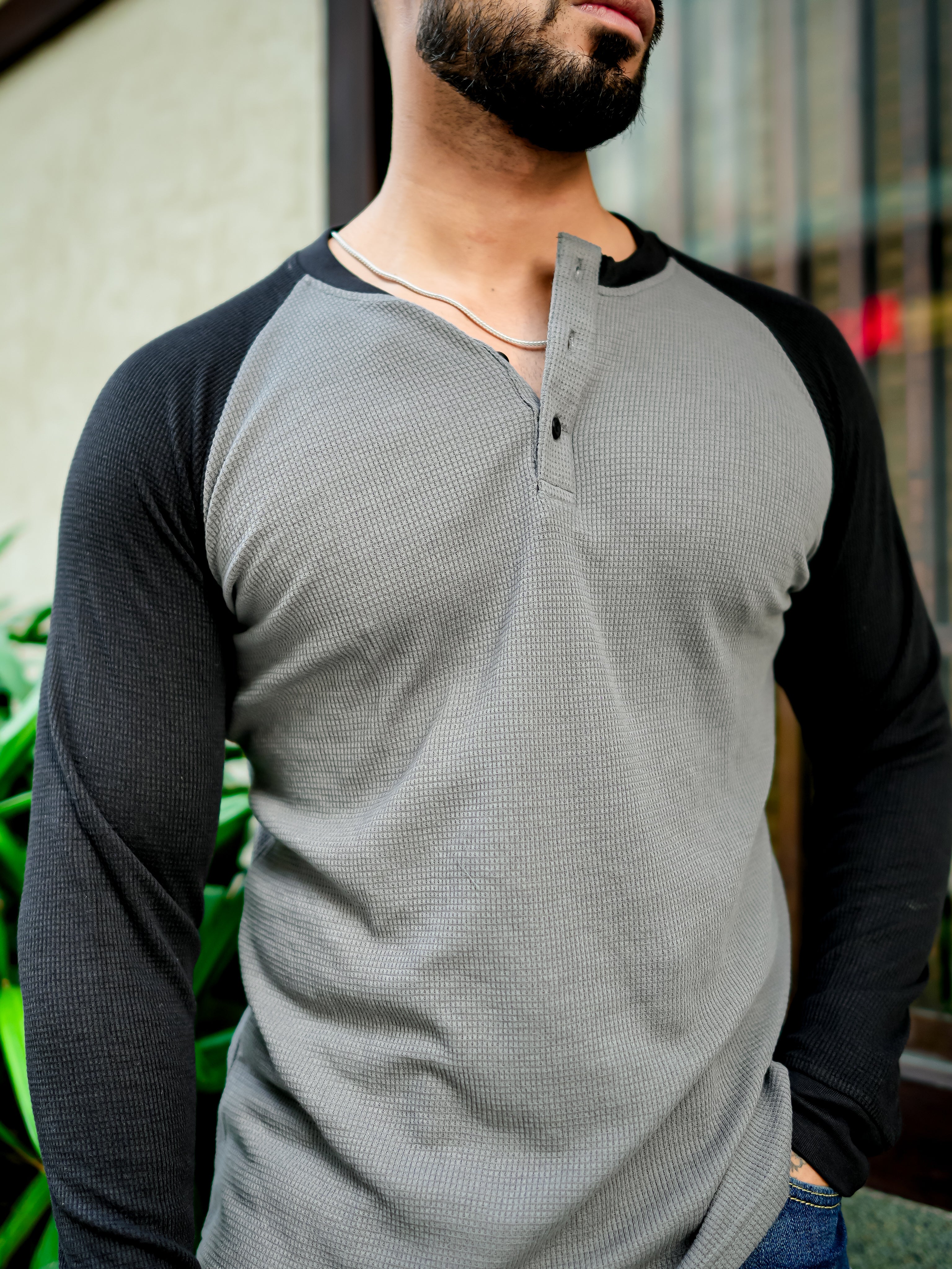 Grey Black Waffle Ranglan Full Sleeve T-Shirt