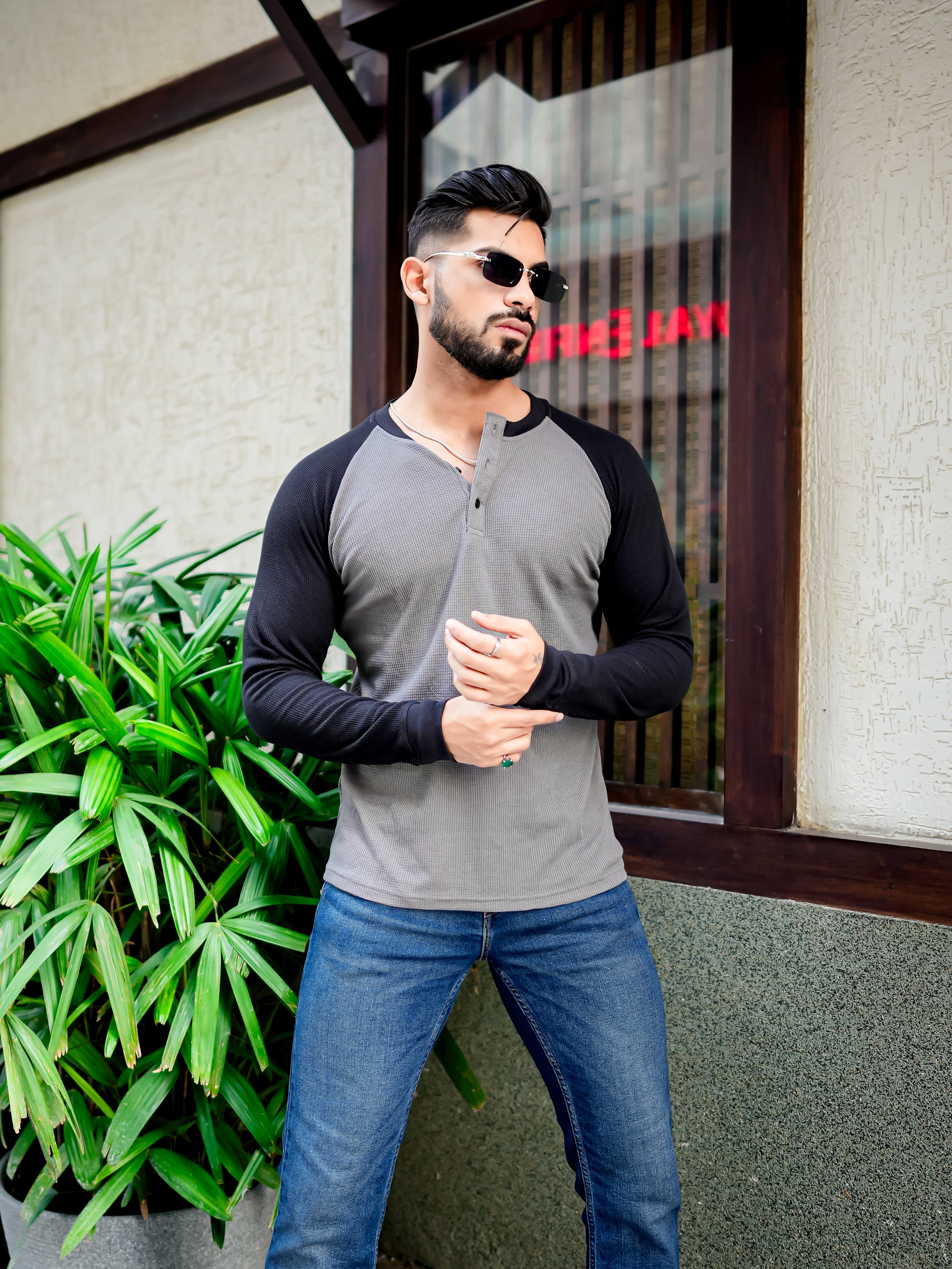 Grey Black Waffle Ranglan Full Sleeve T-Shirt