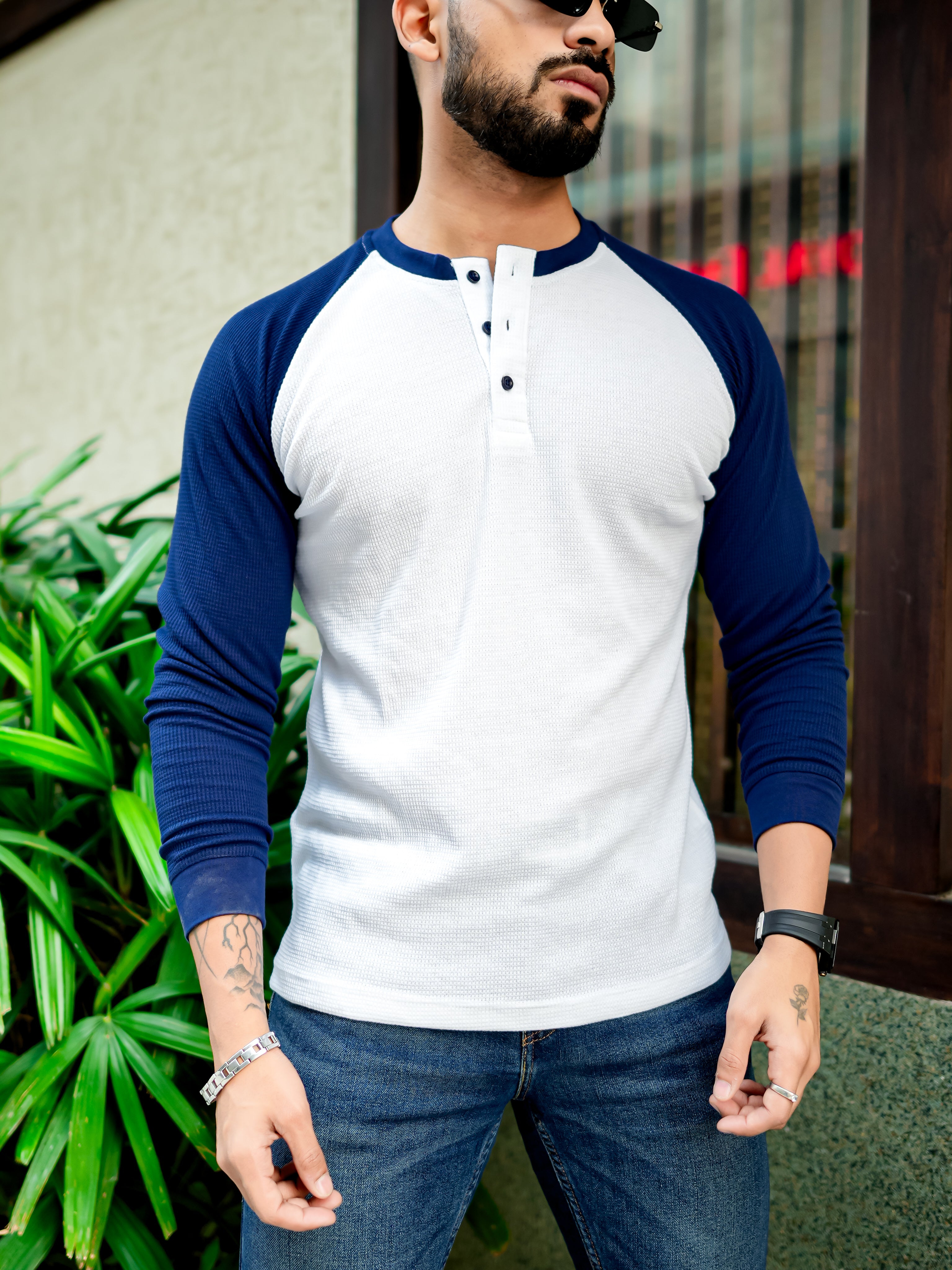 White Navy Waffle Ranglan Full Sleeve T-Shirt