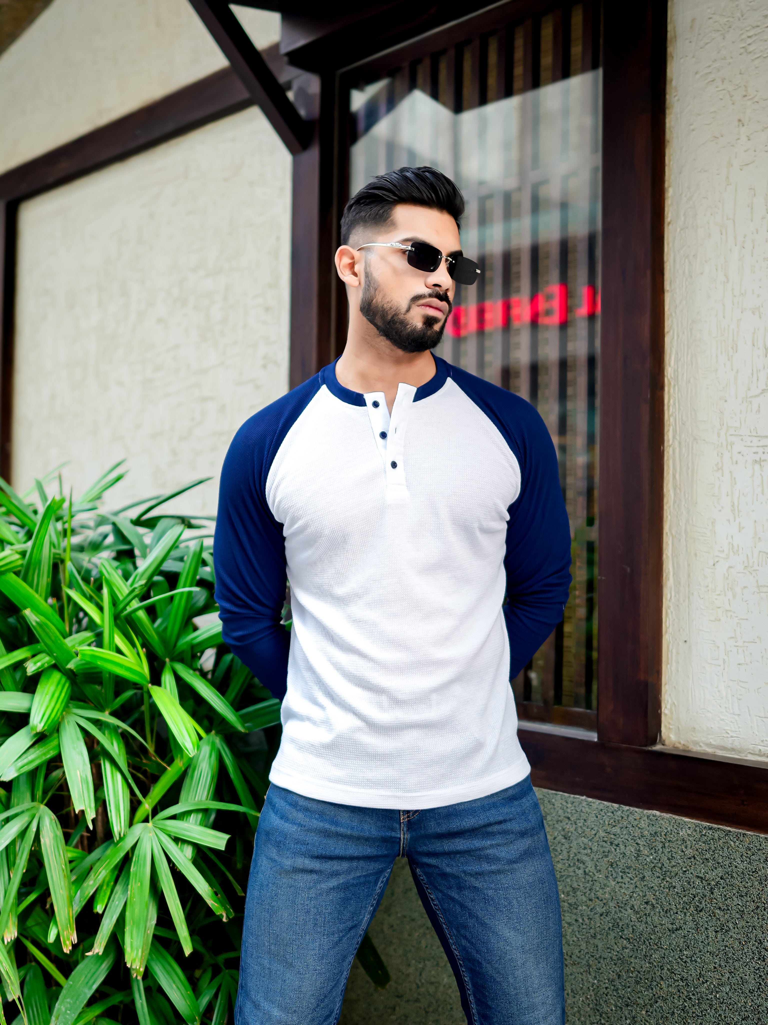 White Navy Waffle Ranglan Full Sleeve T-Shirt