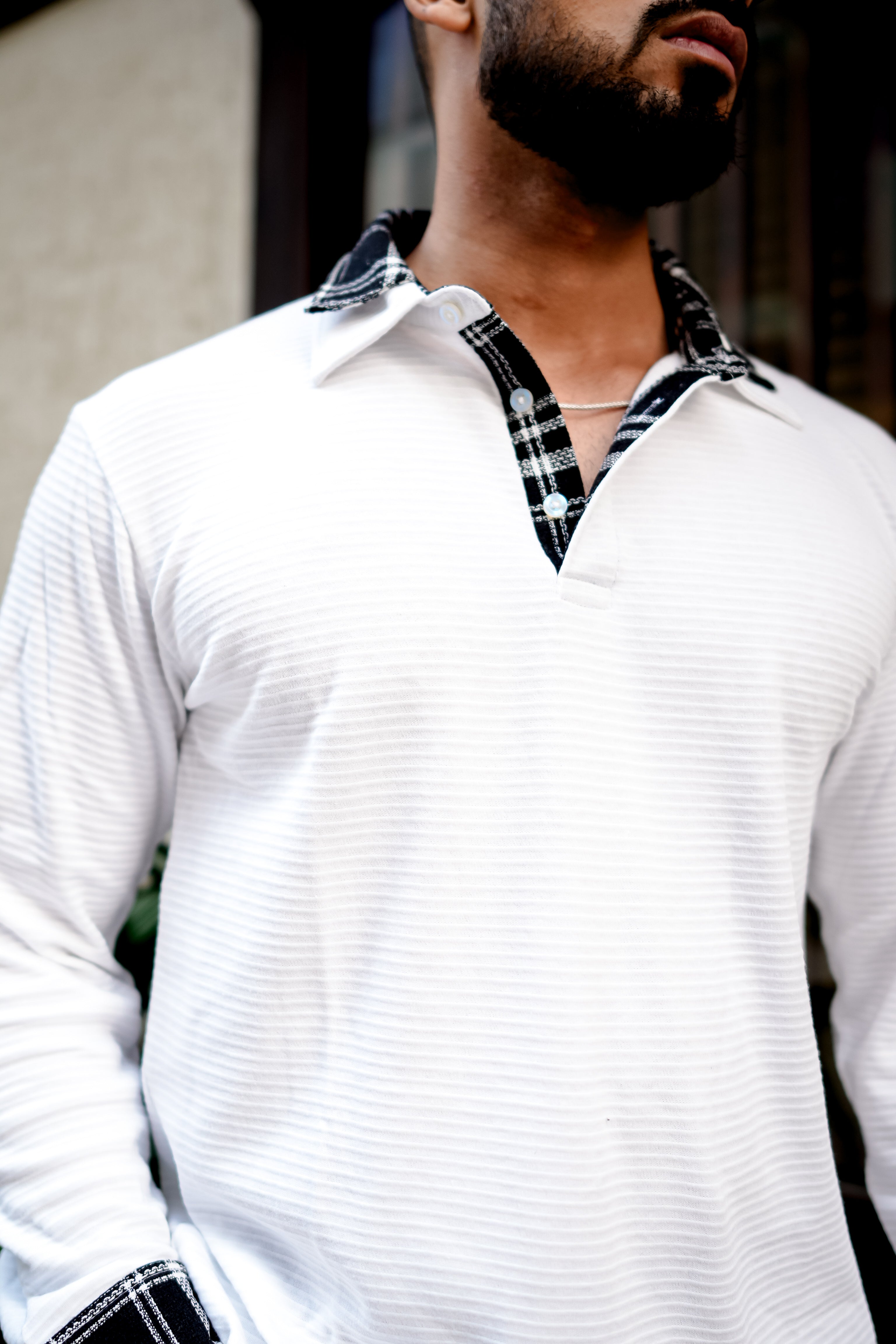 White Self Design Checked Collar Polo Neck T-Shirt