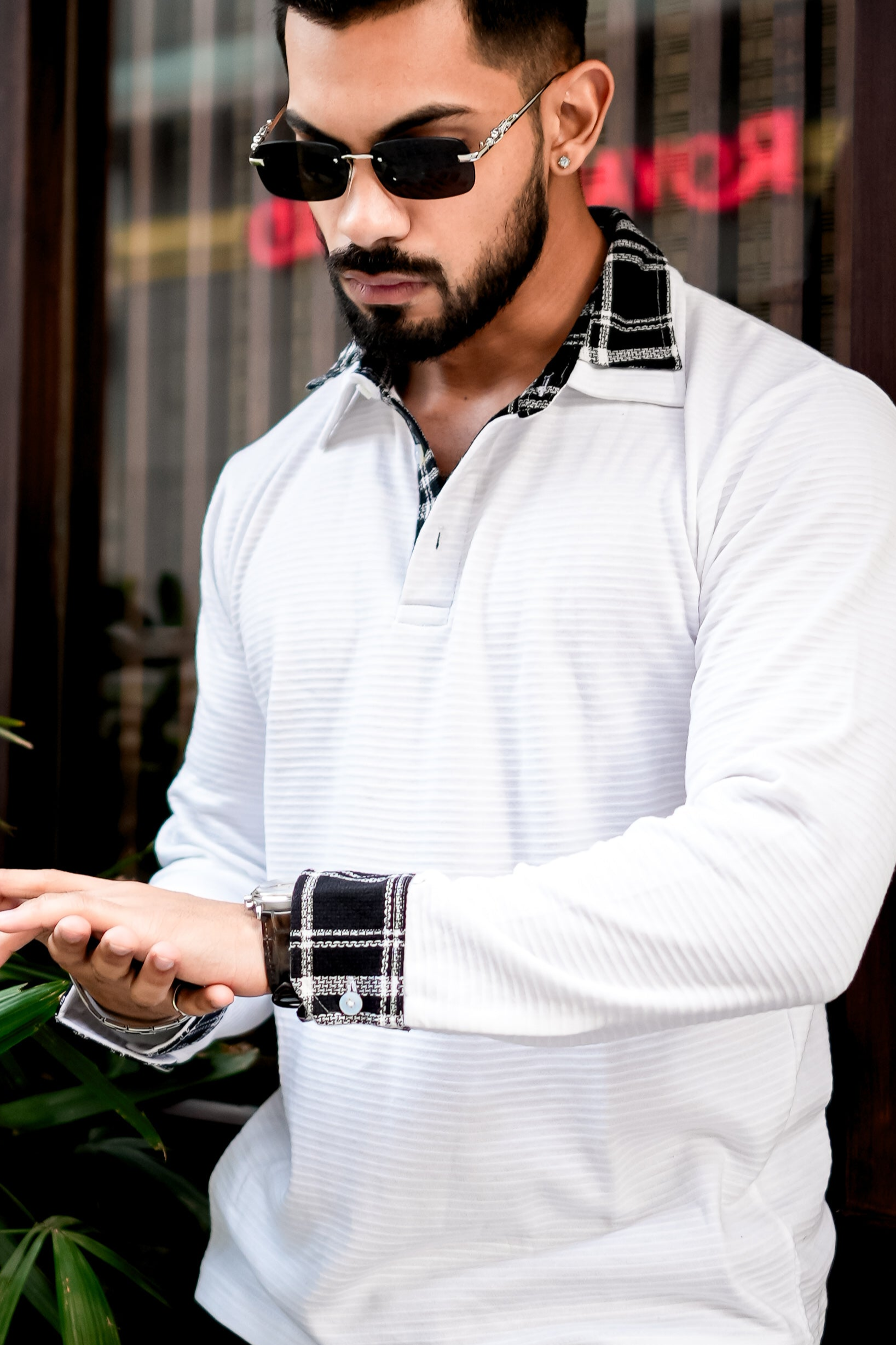 White Self Design Checked Collar Polo Neck T-Shirt