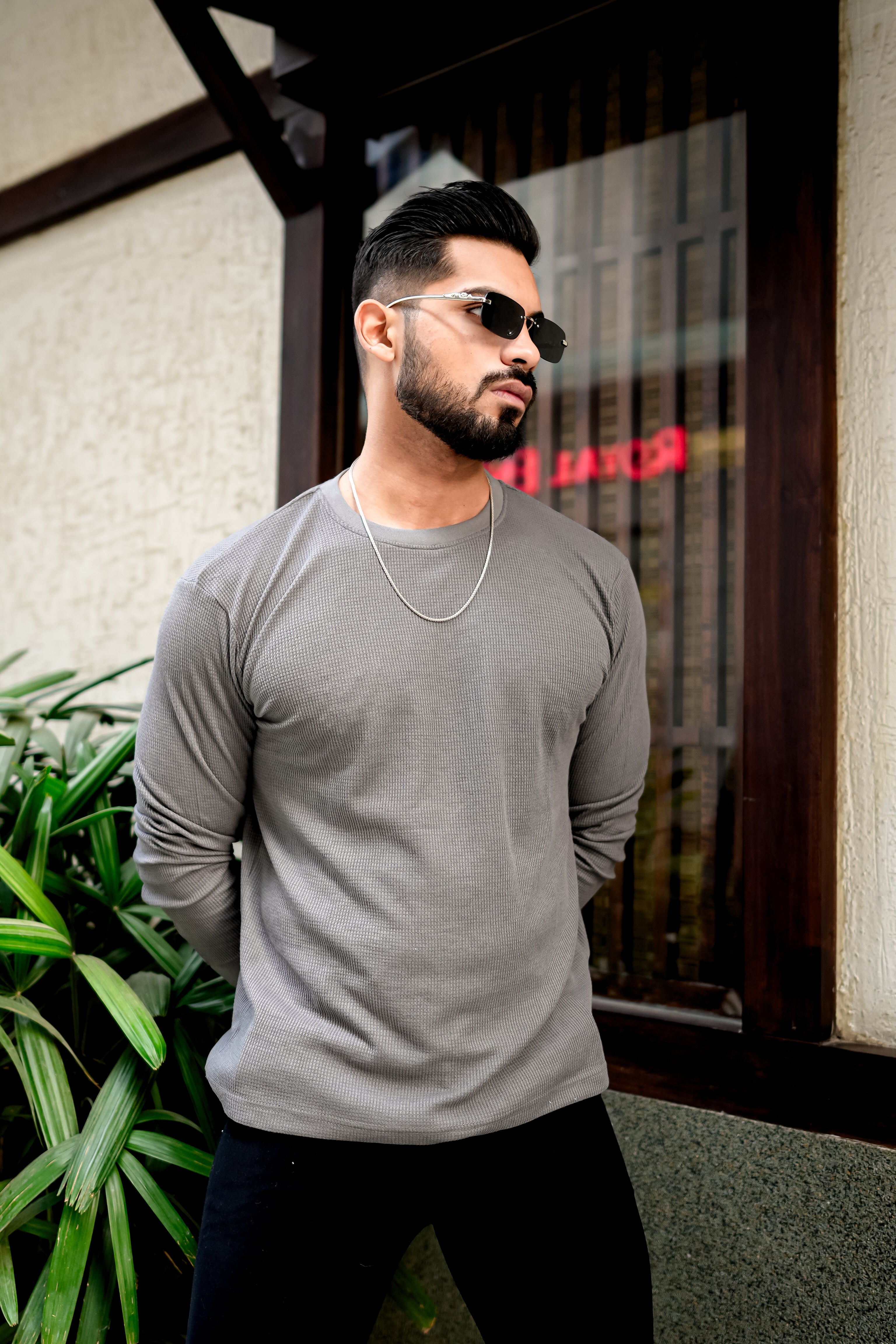 Grey Waffle Self design Ribbed Neck T-Shirt