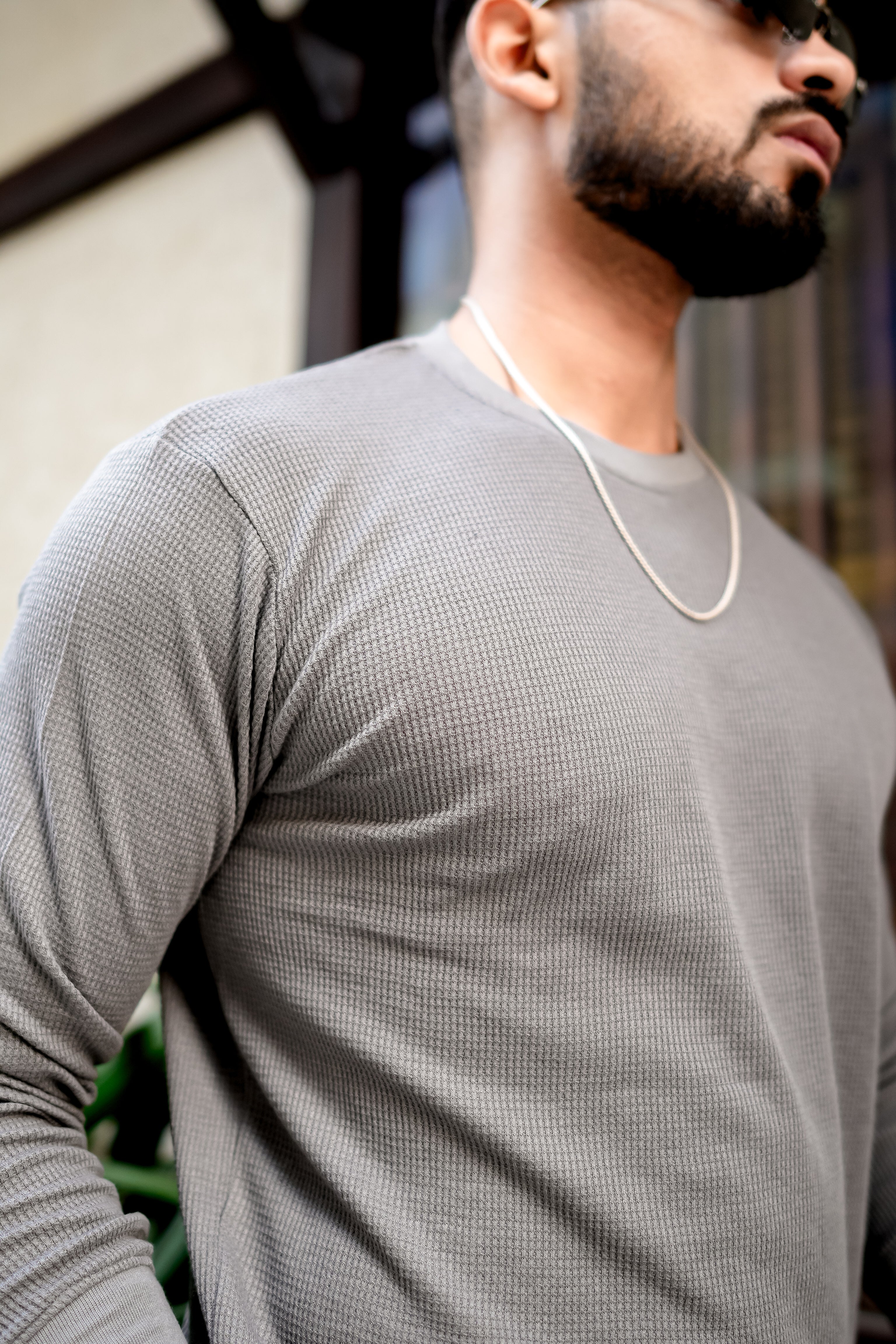 Grey Waffle Self design Ribbed Neck T-Shirt