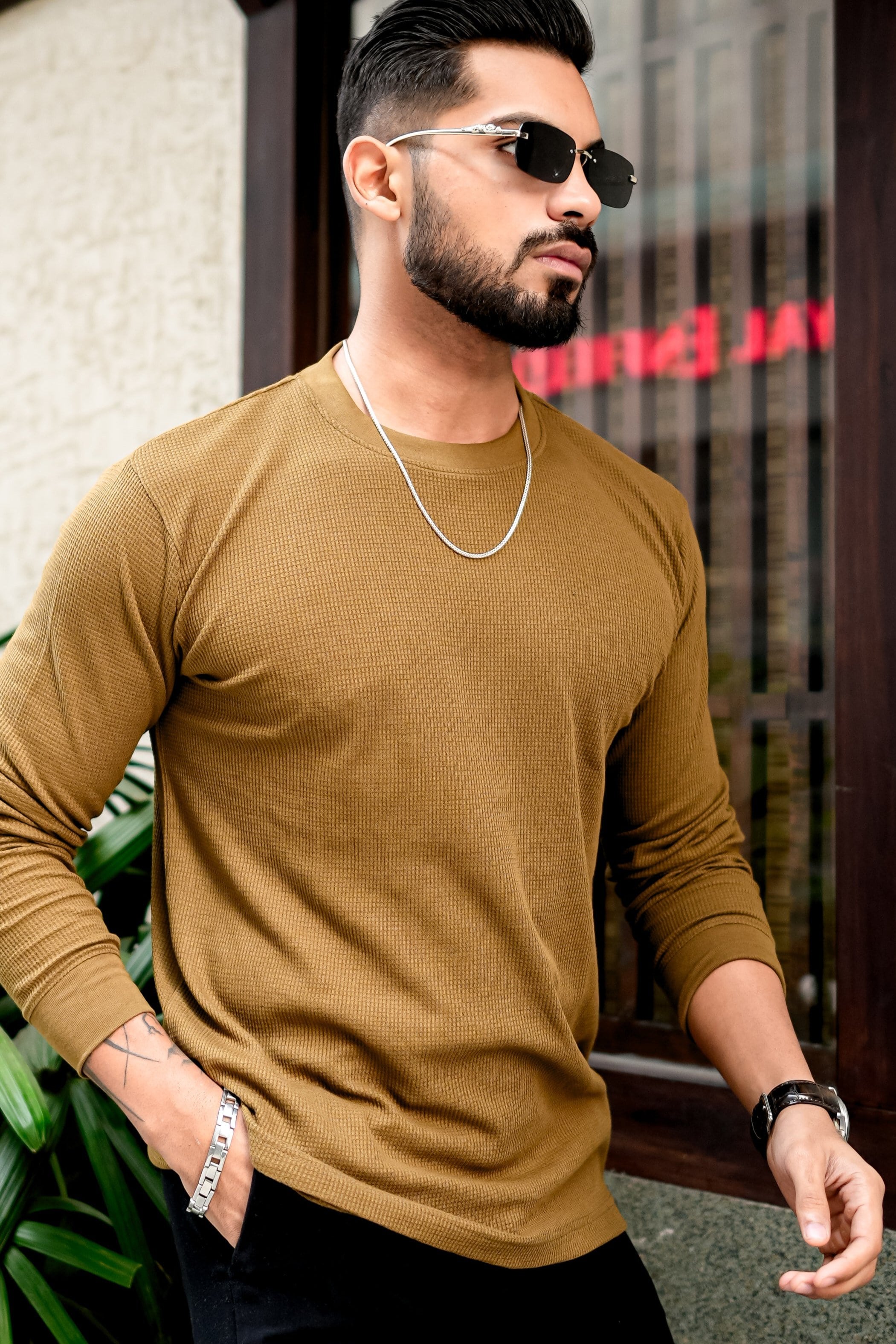 Olive Green Waffle Round Neck T-Shirt