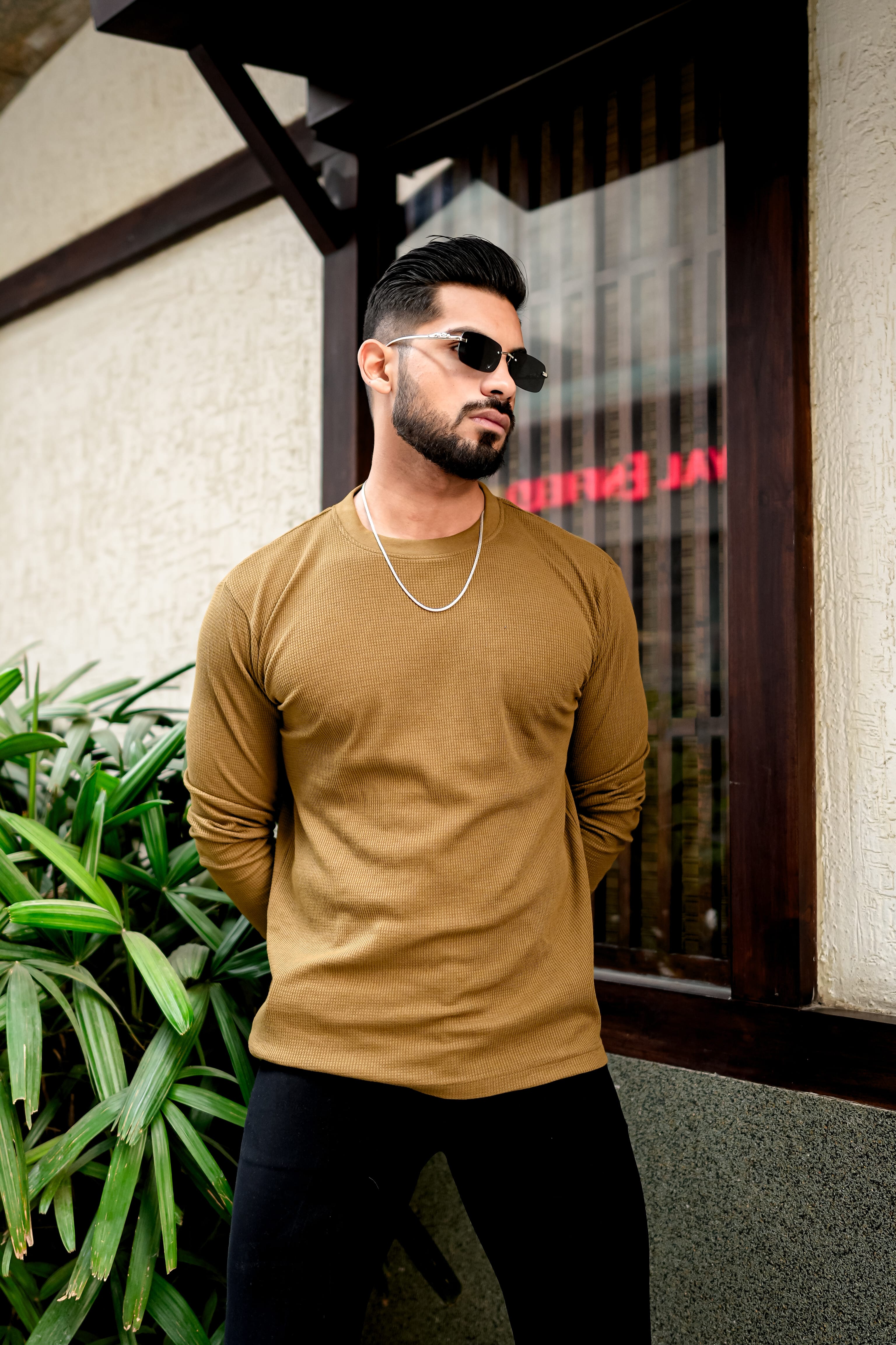 Olive Green Waffle Round Neck T-Shirt