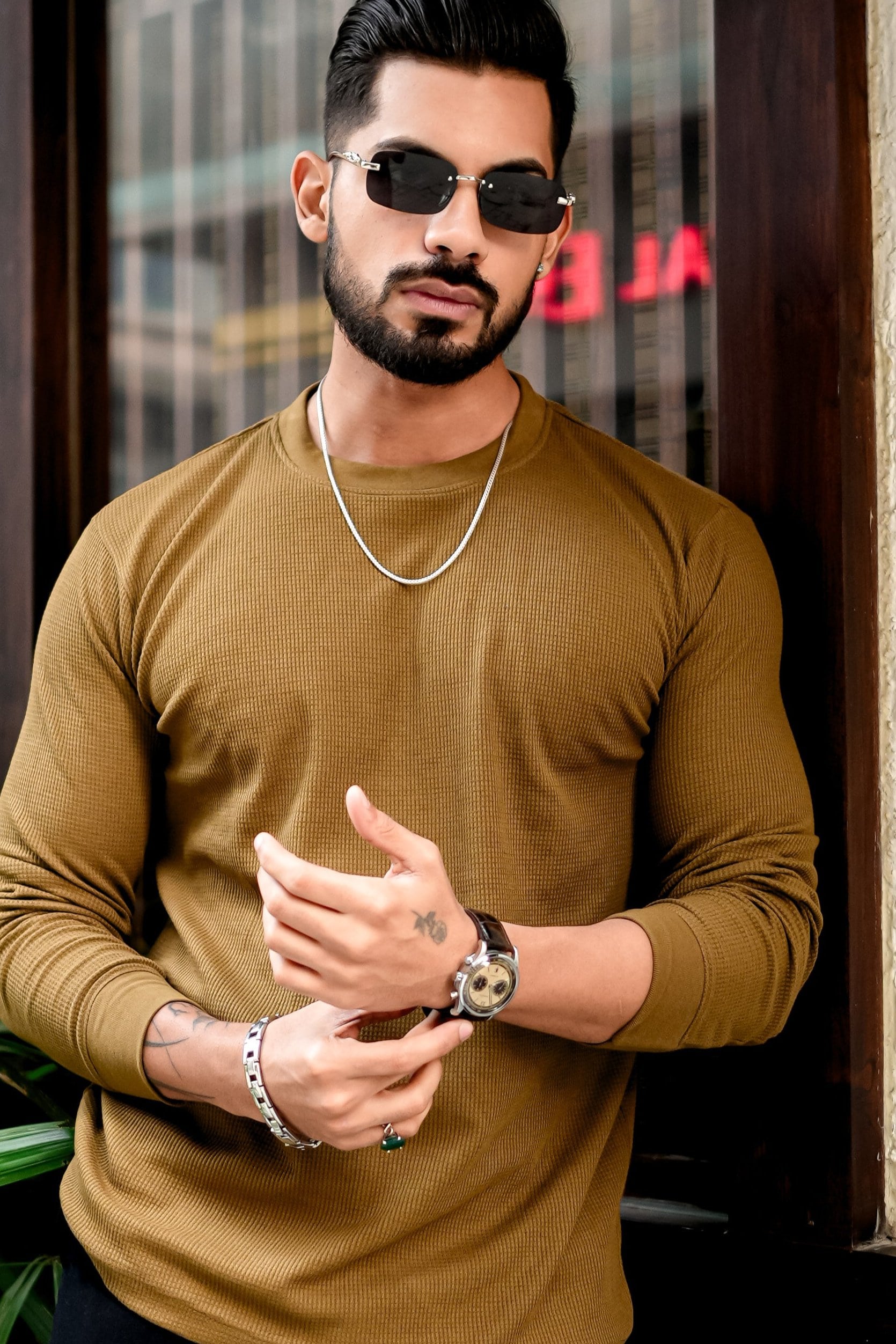 Olive Green Waffle Round Neck T-Shirt