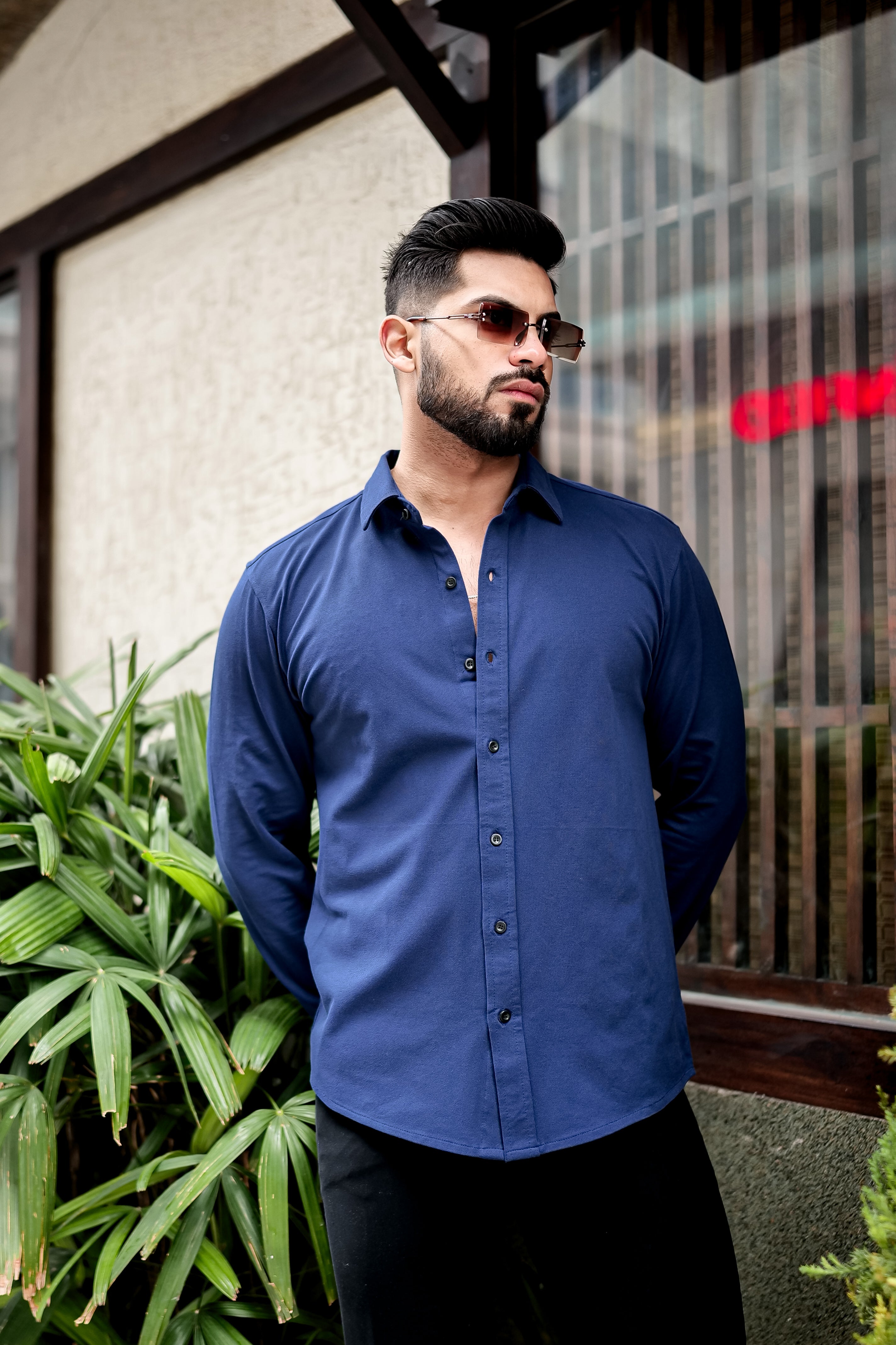 Blue Slim Fit Cotton Lycra Formal Shirt