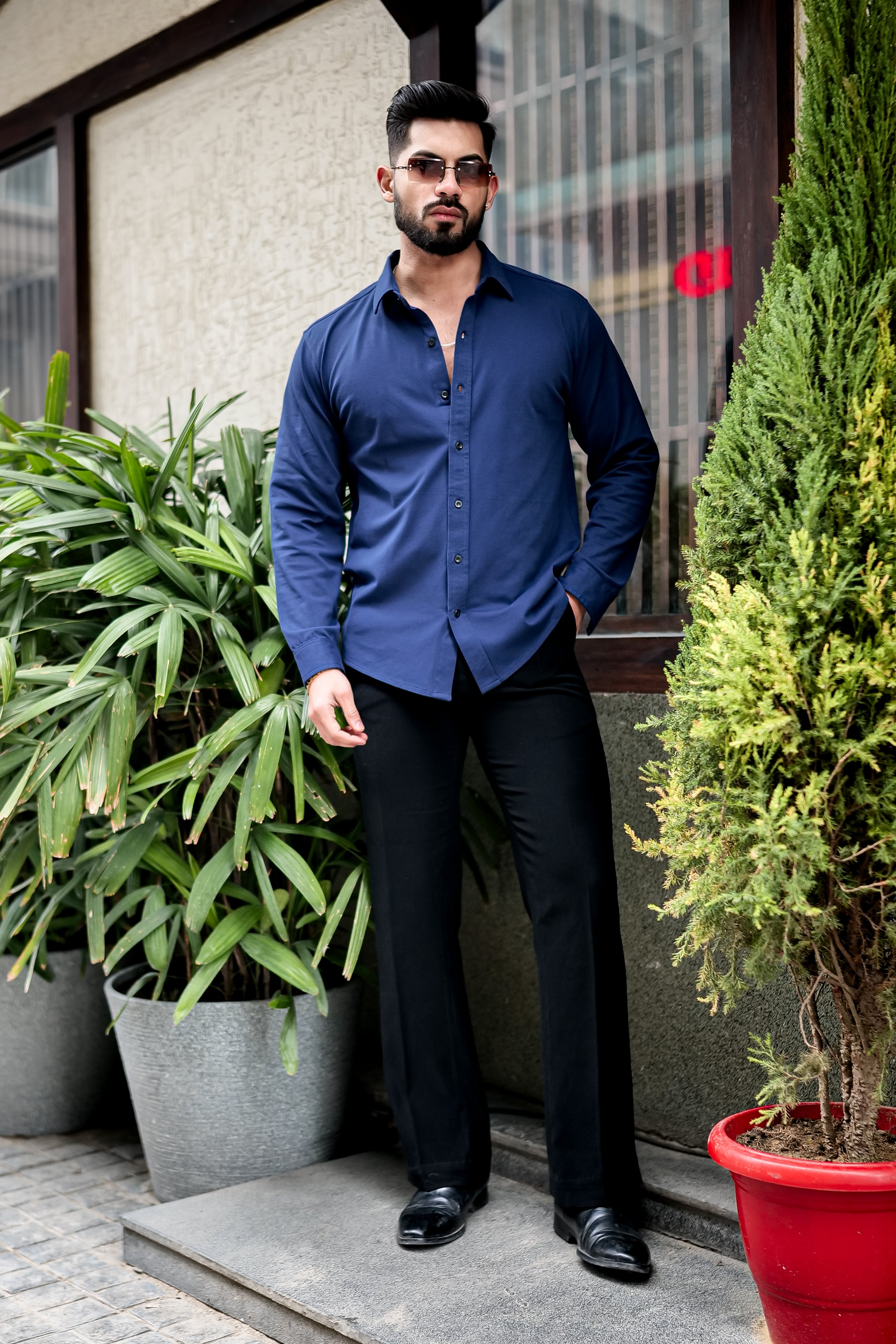 Blue Slim Fit Cotton Lycra Formal Shirt