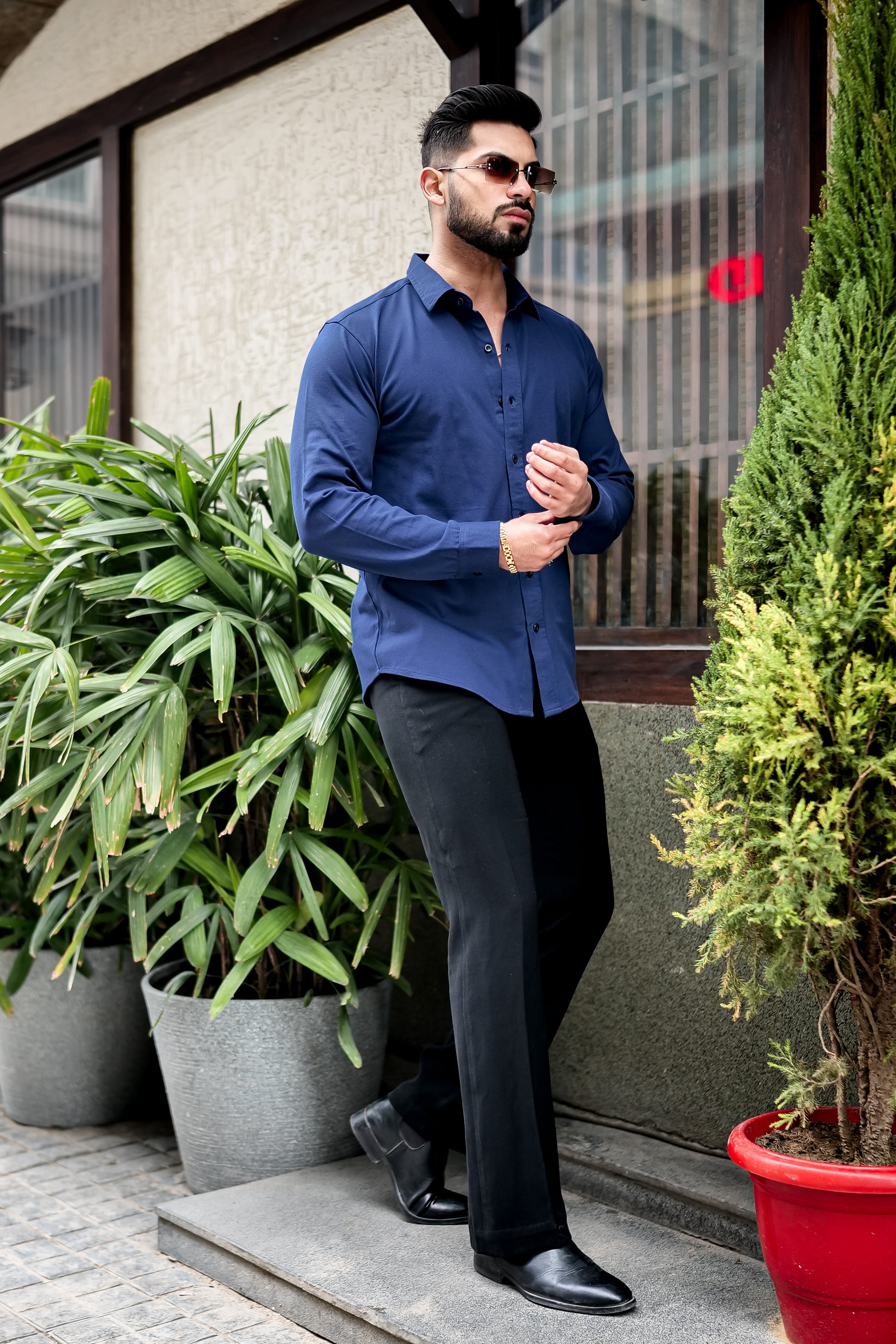 Blue Slim Fit Cotton Lycra Formal Shirt