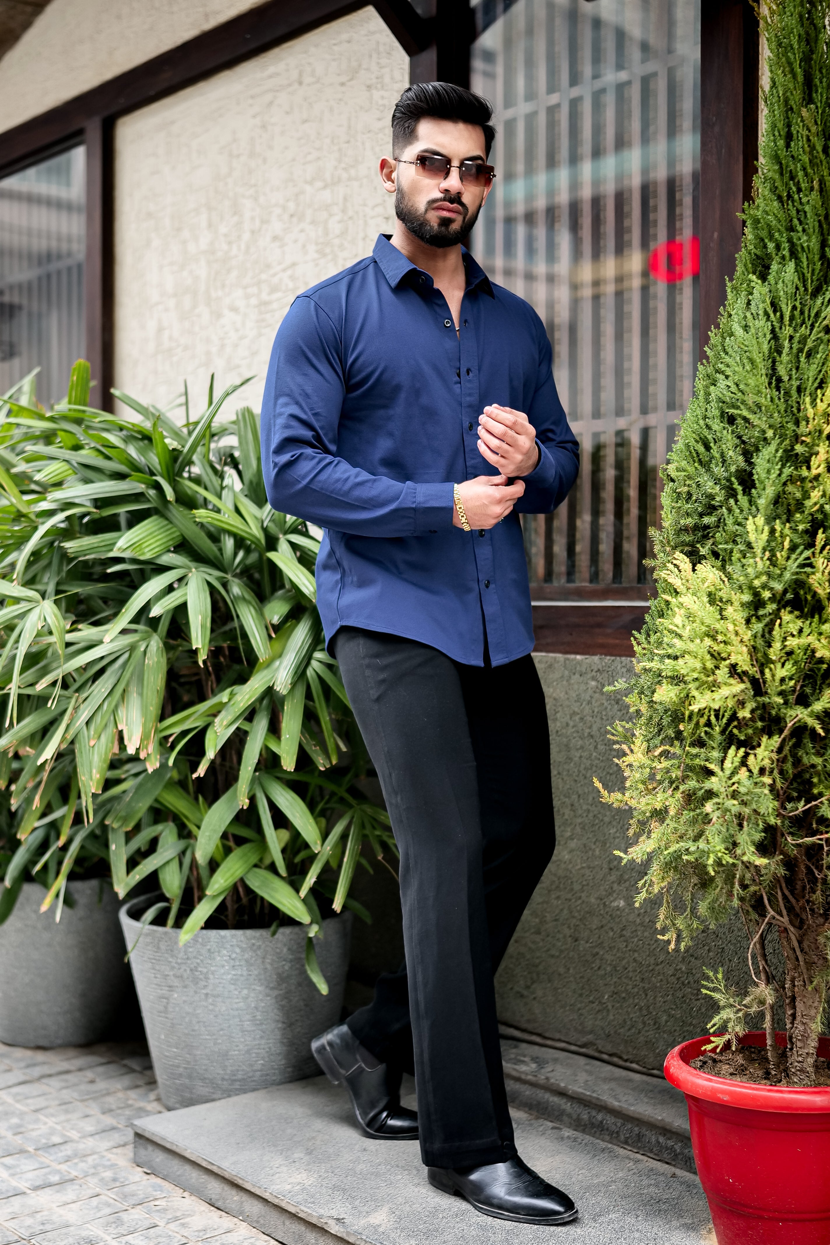 Blue Slim Fit Cotton Lycra Formal Shirt