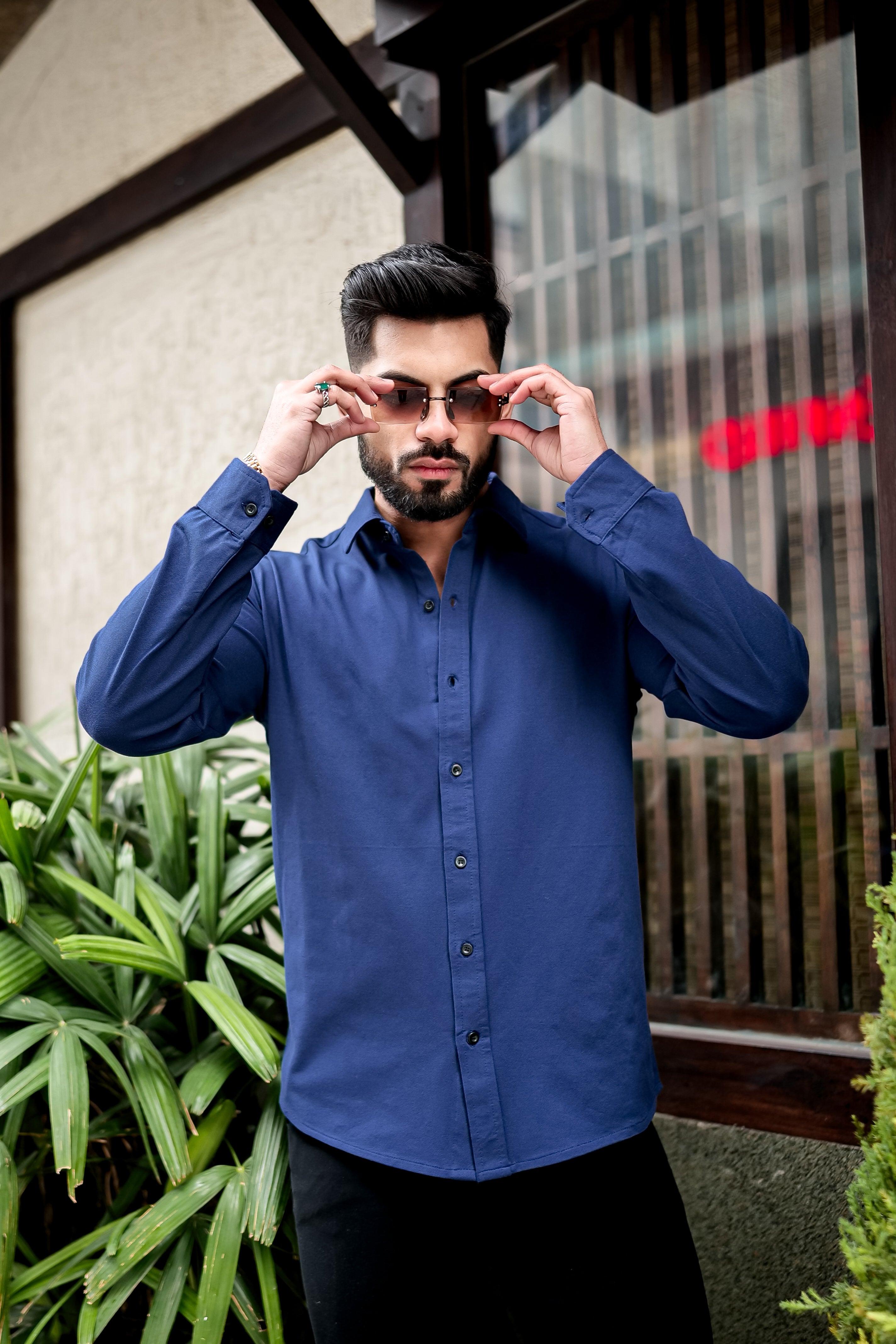 Blue Slim Fit Cotton Lycra Formal Shirt