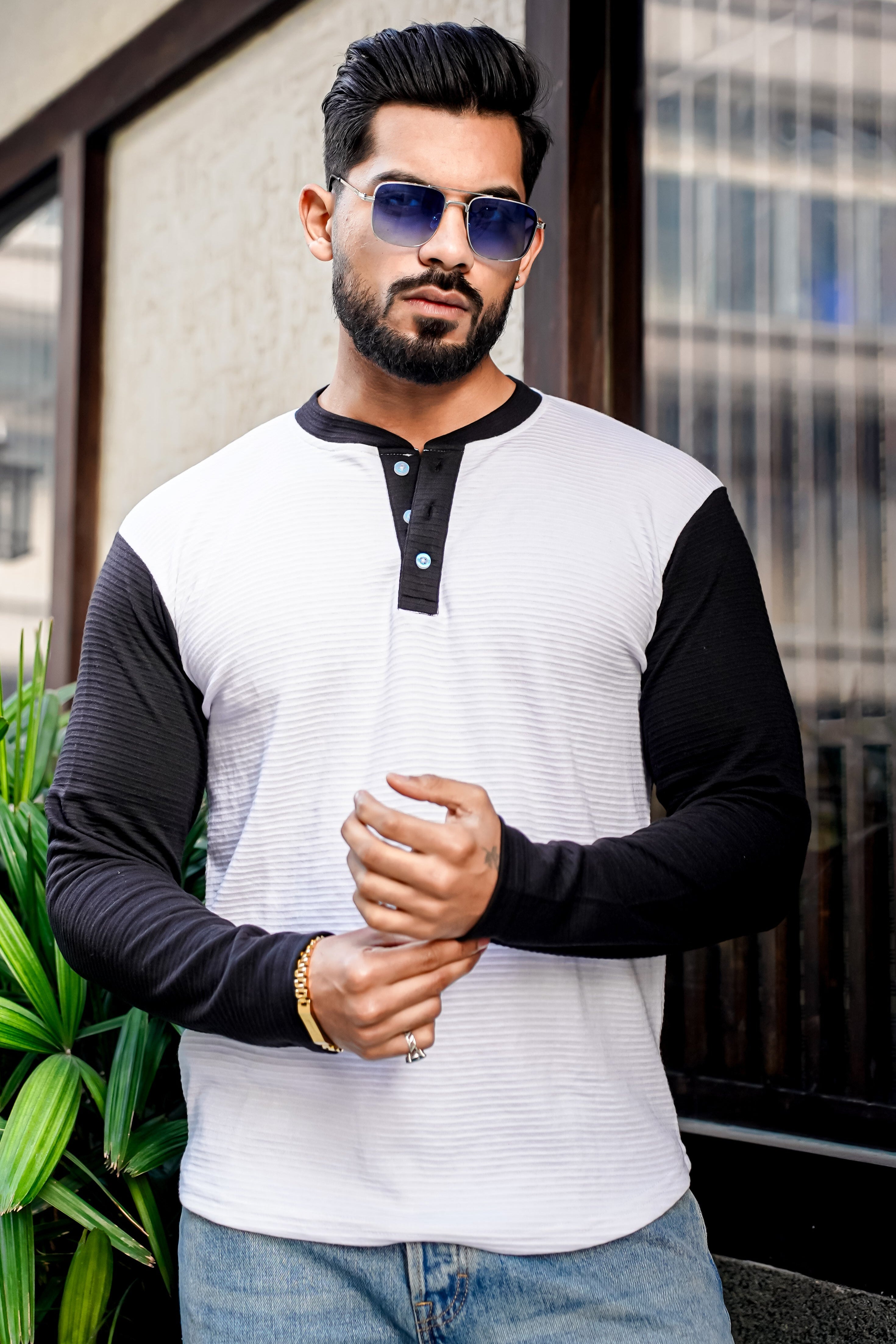 White Black Color Block Henley T-Shirt