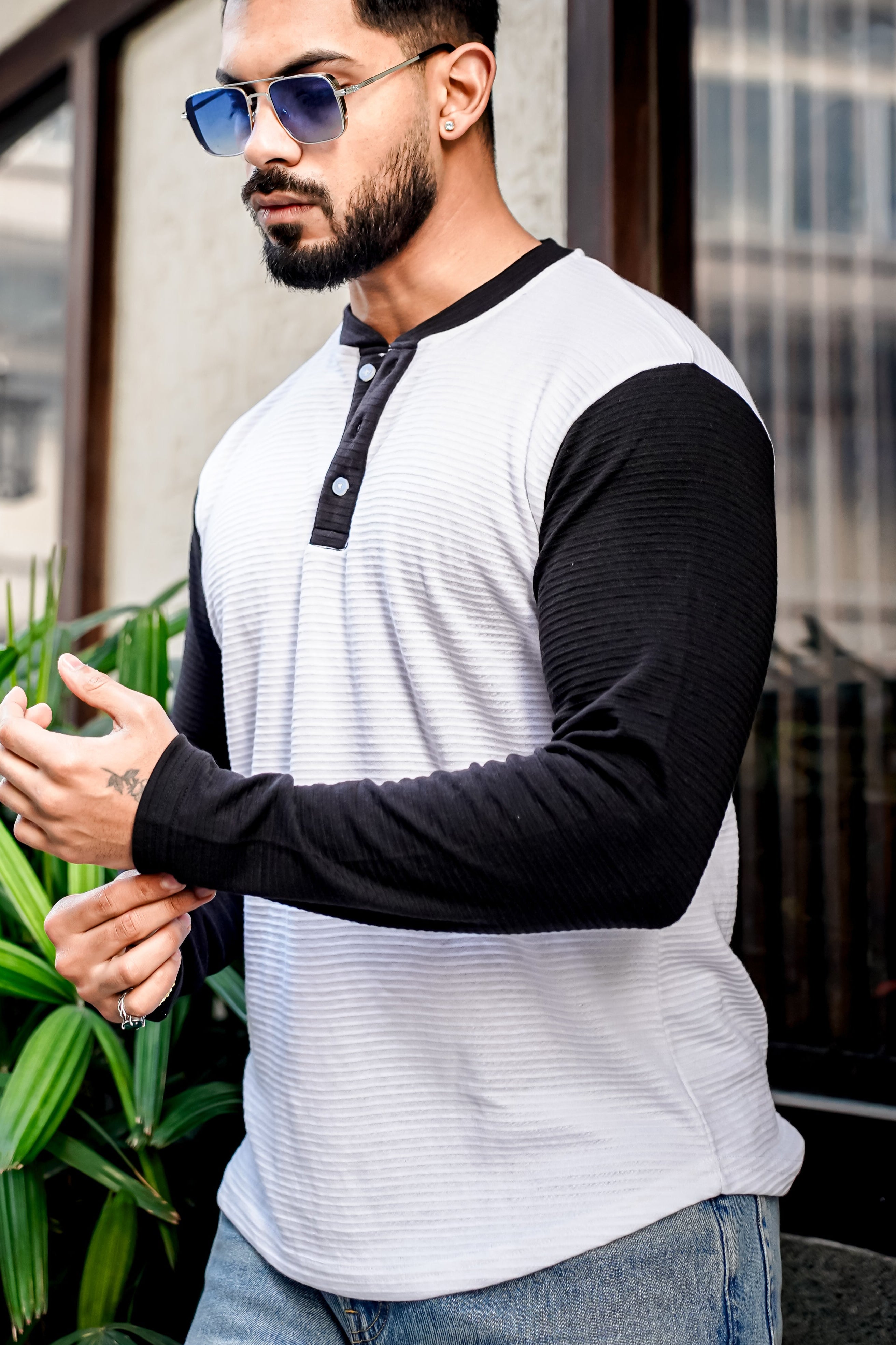 White Black Color Block Henley T-Shirt