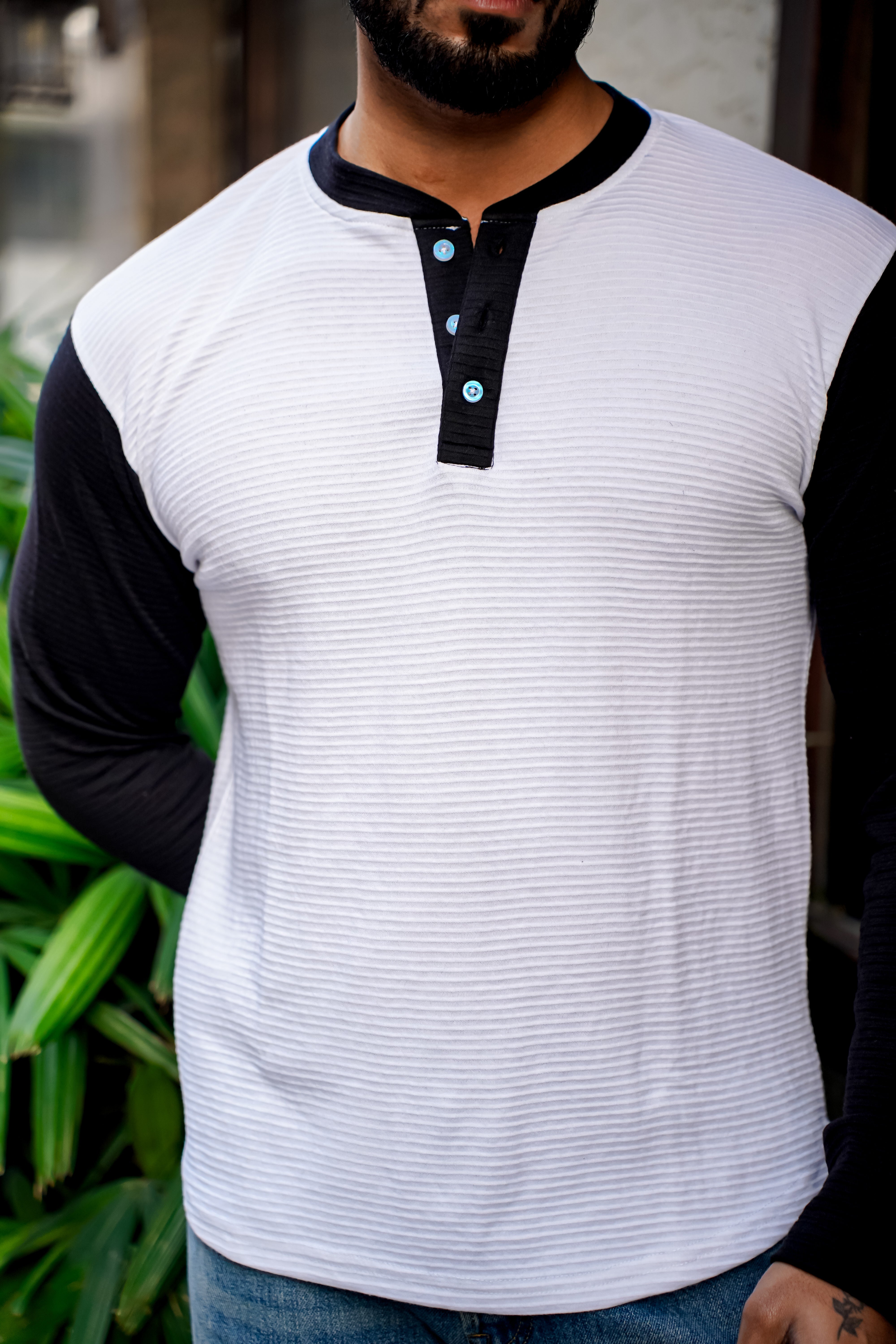 White Black Color Block Henley T-Shirt