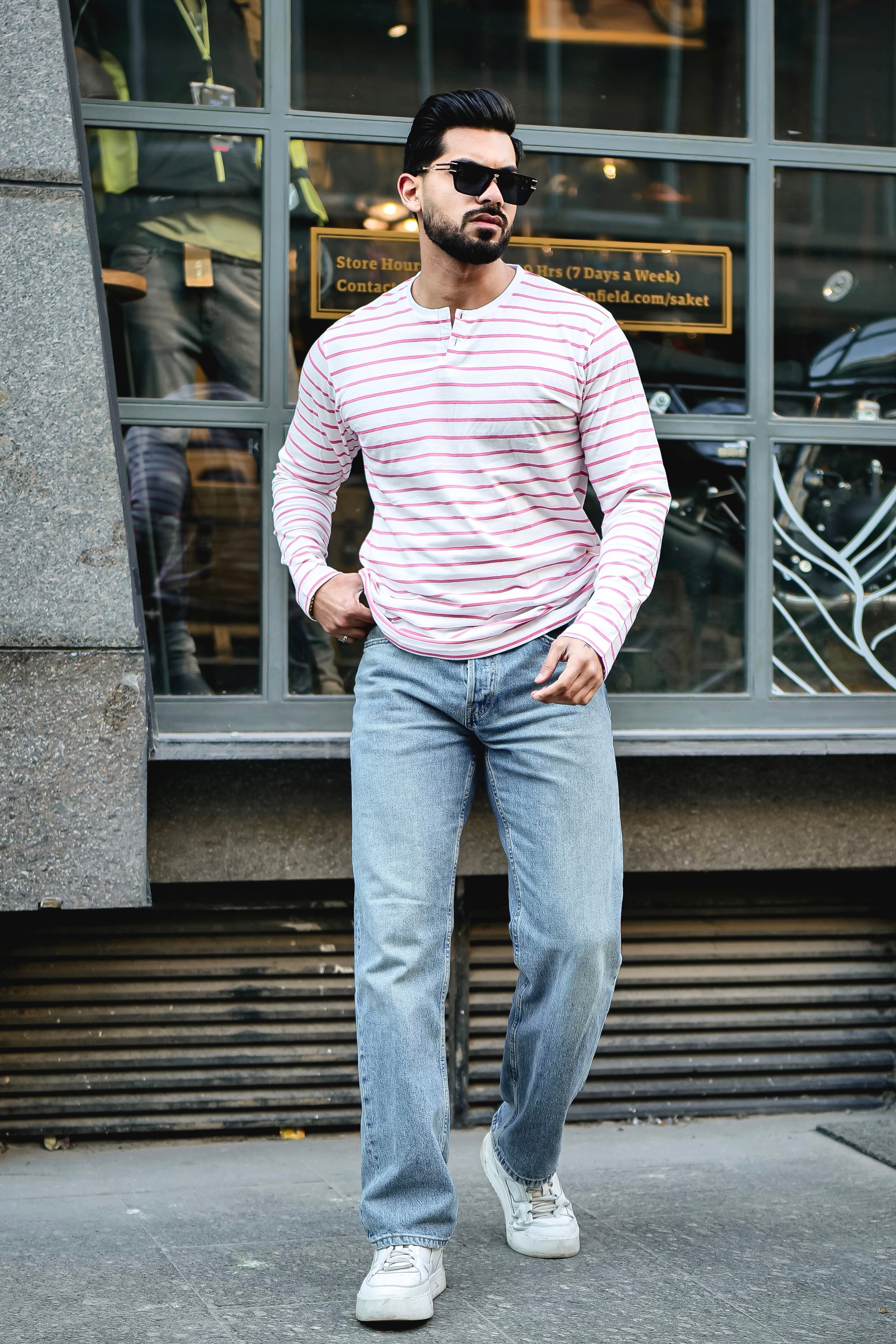 Pink Striped Henley Neck T-Shirt