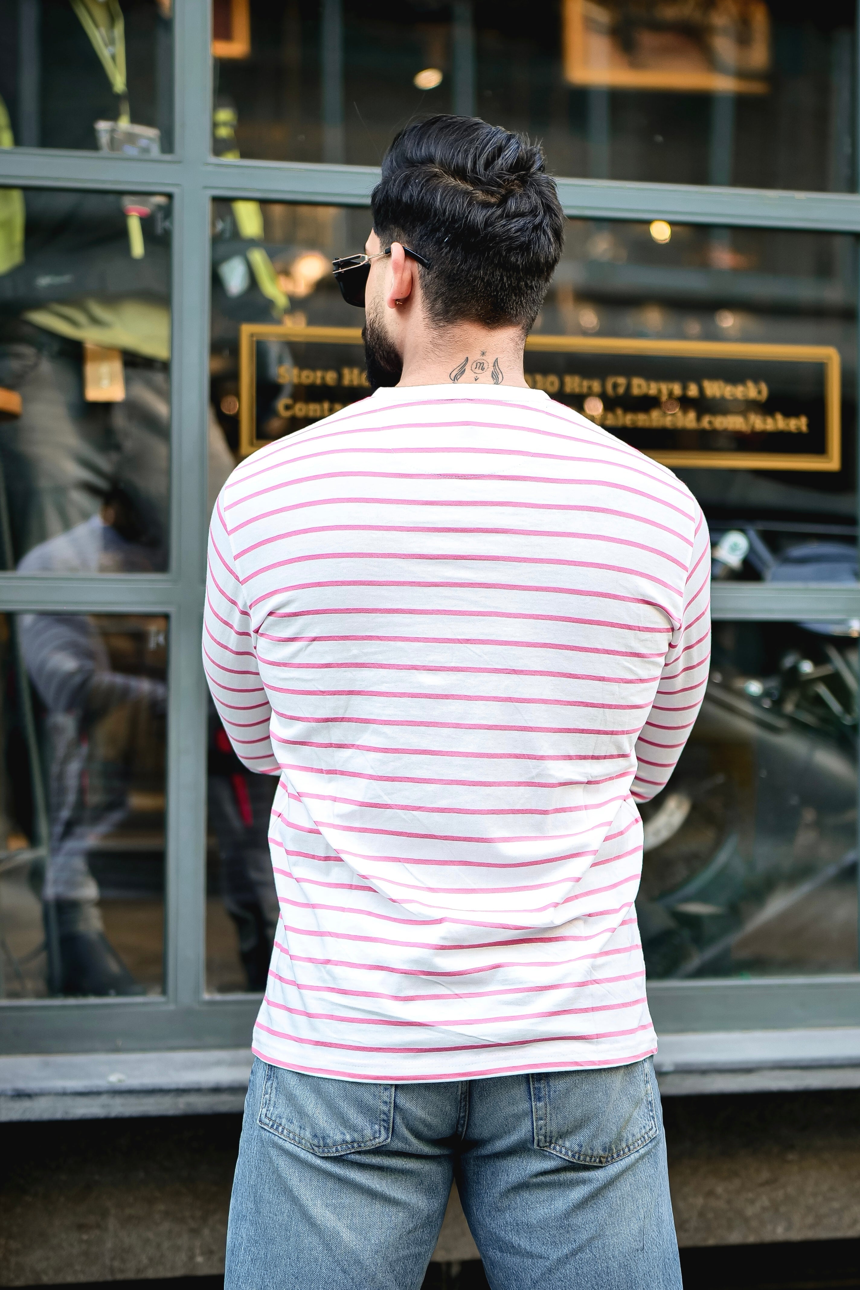 Pink Striped Henley Neck T-Shirt